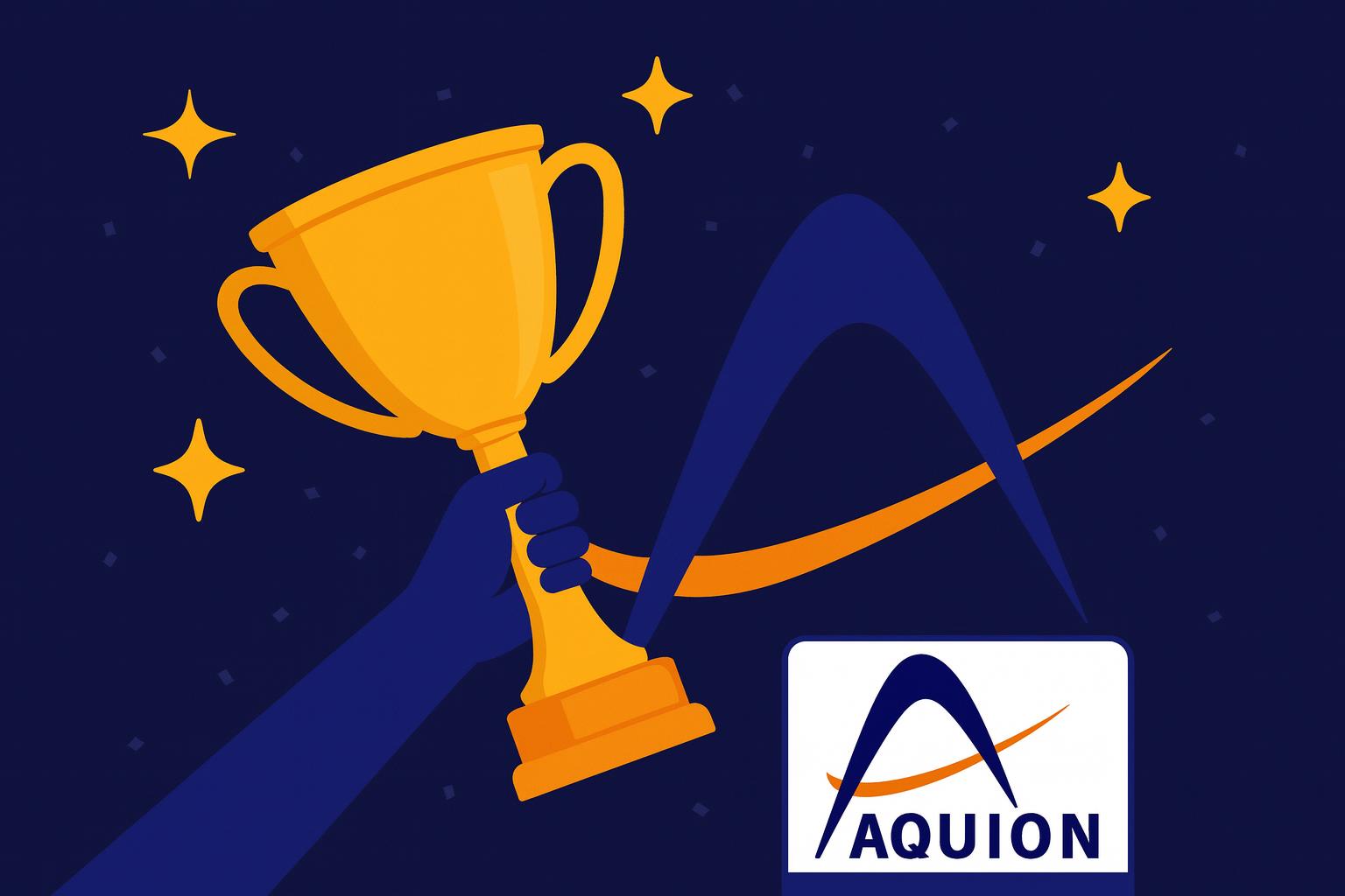 Aquion logo with a hand raising a gold trophy against a dark blue background with golden stars