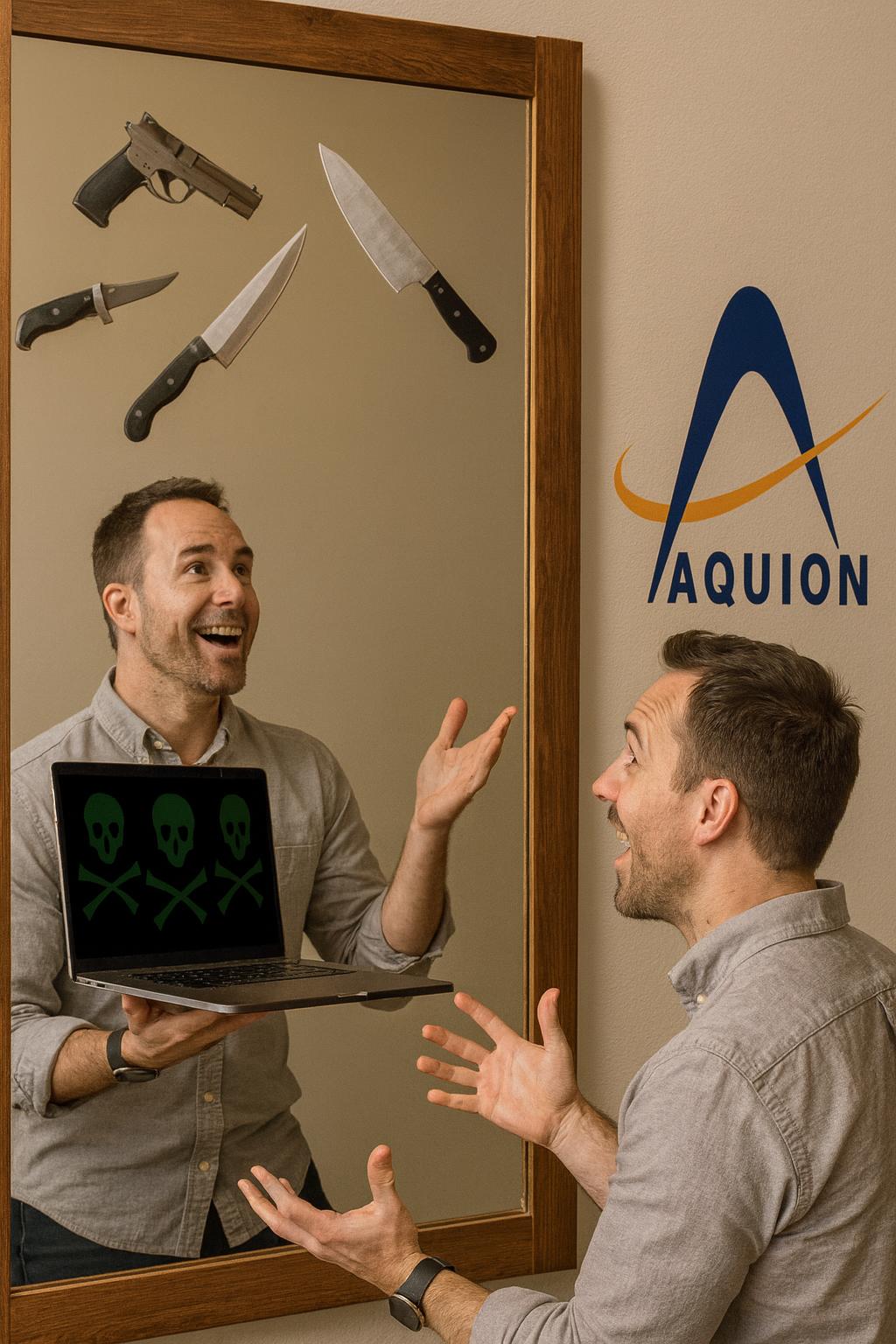 AI-generated image: Realistic photo of a mirror scene where a man is juggling a laptop with some malicious software on…