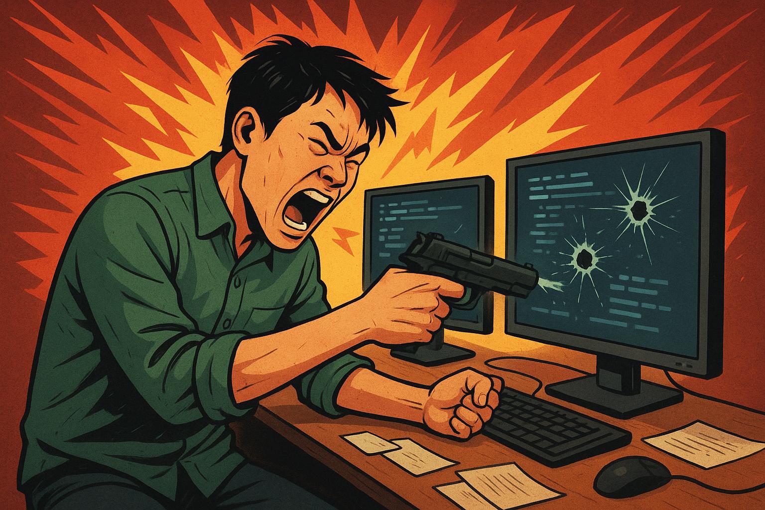 AI-generated image: asian male wearing a green shirt losing his mind and shooting at computers after failing to debug