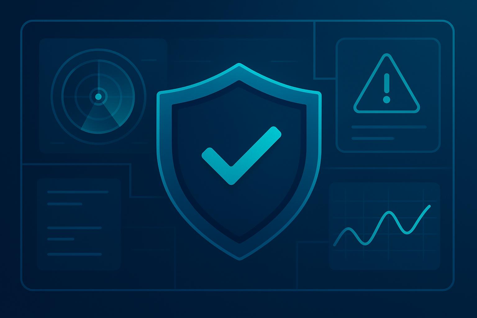 Cybersecurity dashboard with a glowing teal shield and checkmark, radar, alert icon, and activity graph on dark blue background.