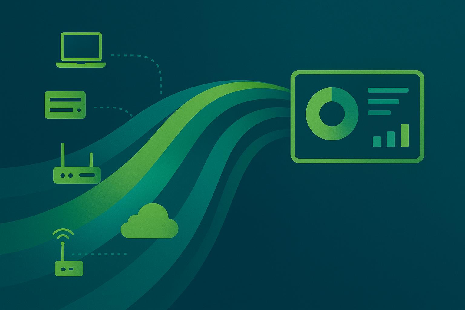 Network devices streaming data through the cloud into an analytics dashboard, illustrated in green on teal background.