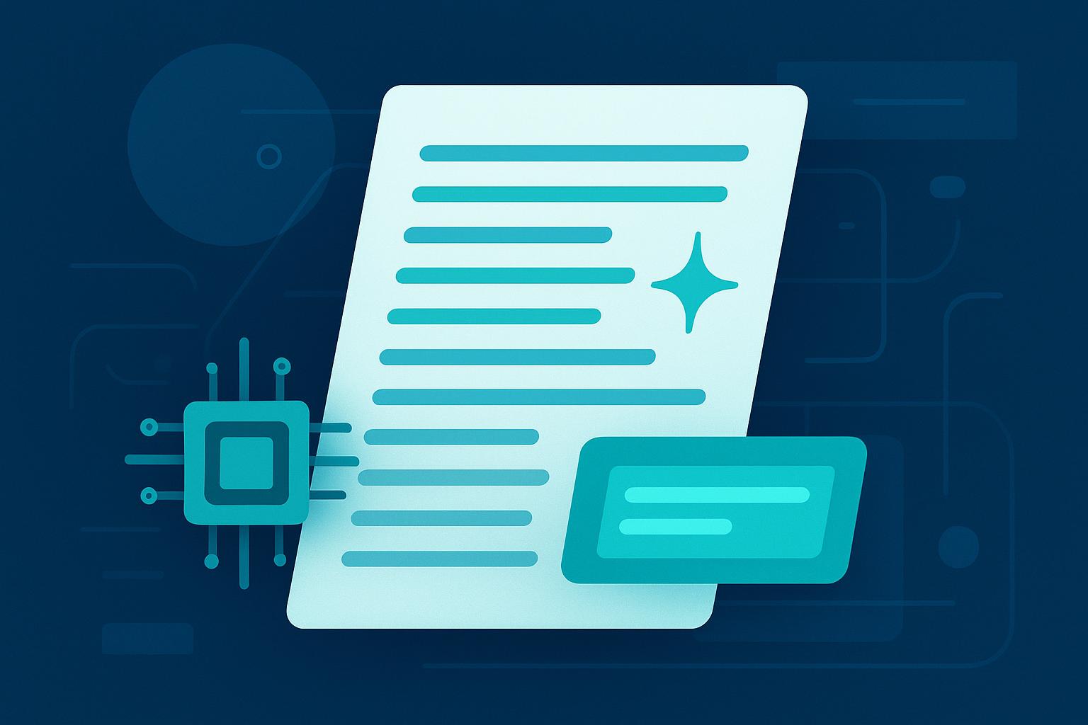 AI-powered document processing illustration with microchip, digital text lines, and a glowing sparkle icon on blue background