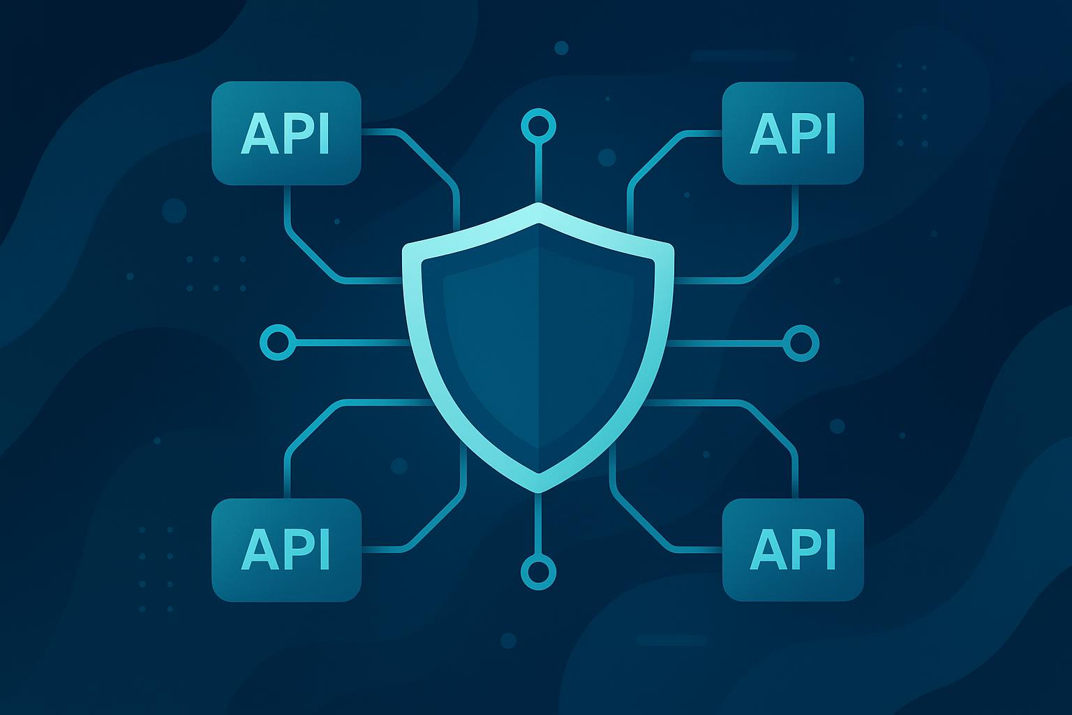 Shield icon connected to four API nodes on dark blue background, representing API security and protection.