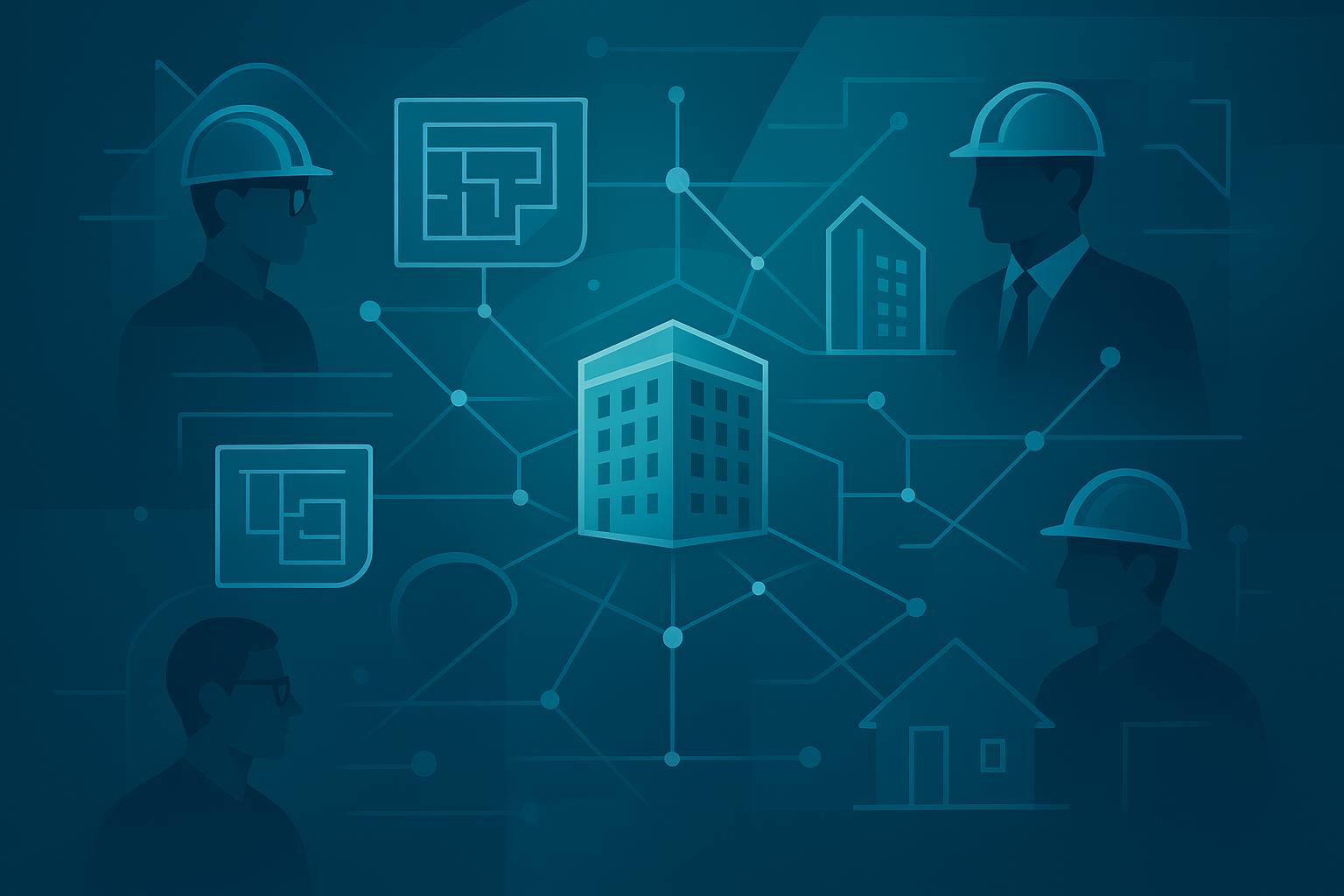 Illustration of construction professionals connected to buildings and blueprints in a digital network on blue background