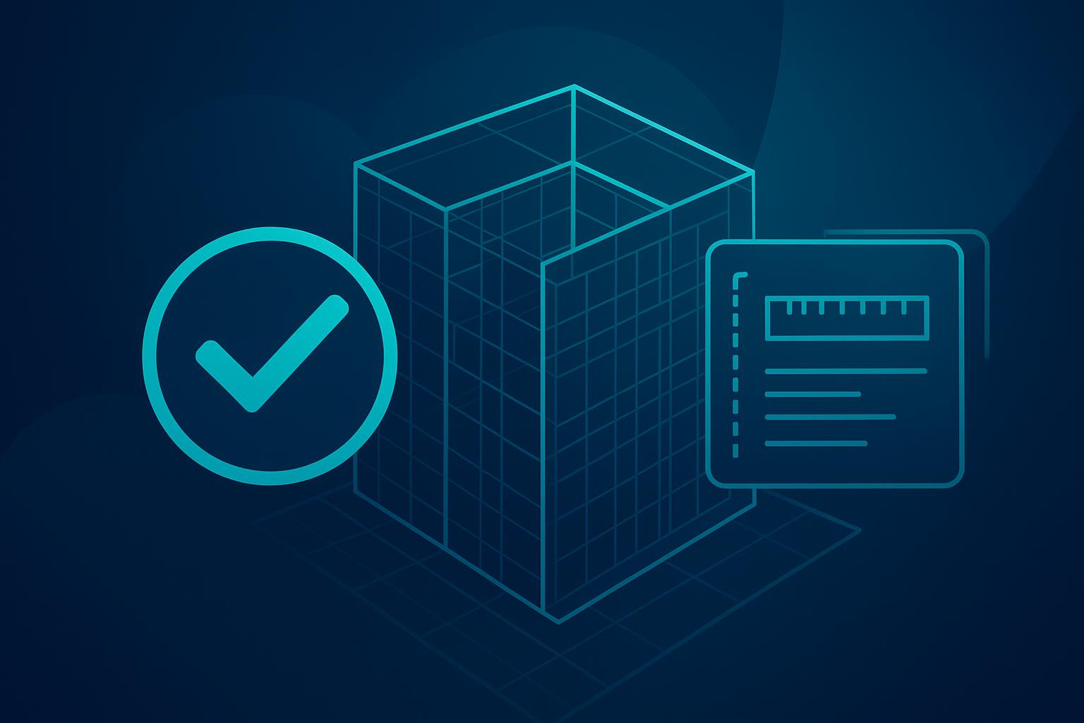 3D wireframe cube with checkmark and specifications panel icons on dark blue background