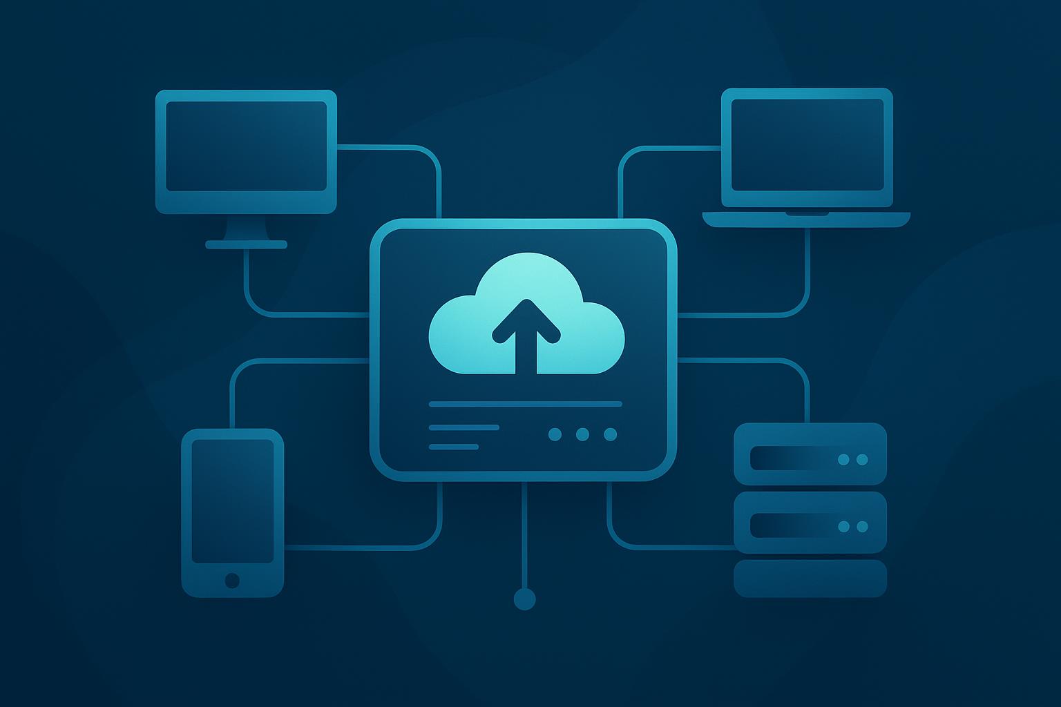 Cloud upload icon connected to desktop, laptop, mobile, and server devices on dark blue background