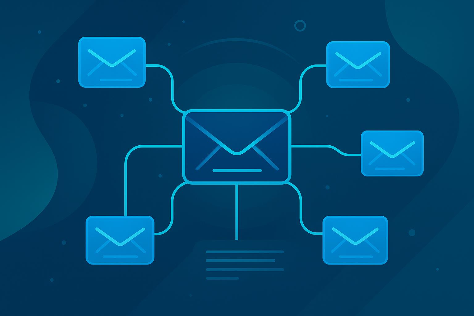 Central email envelope connected to five smaller email icons, illustrating email distribution or automation network