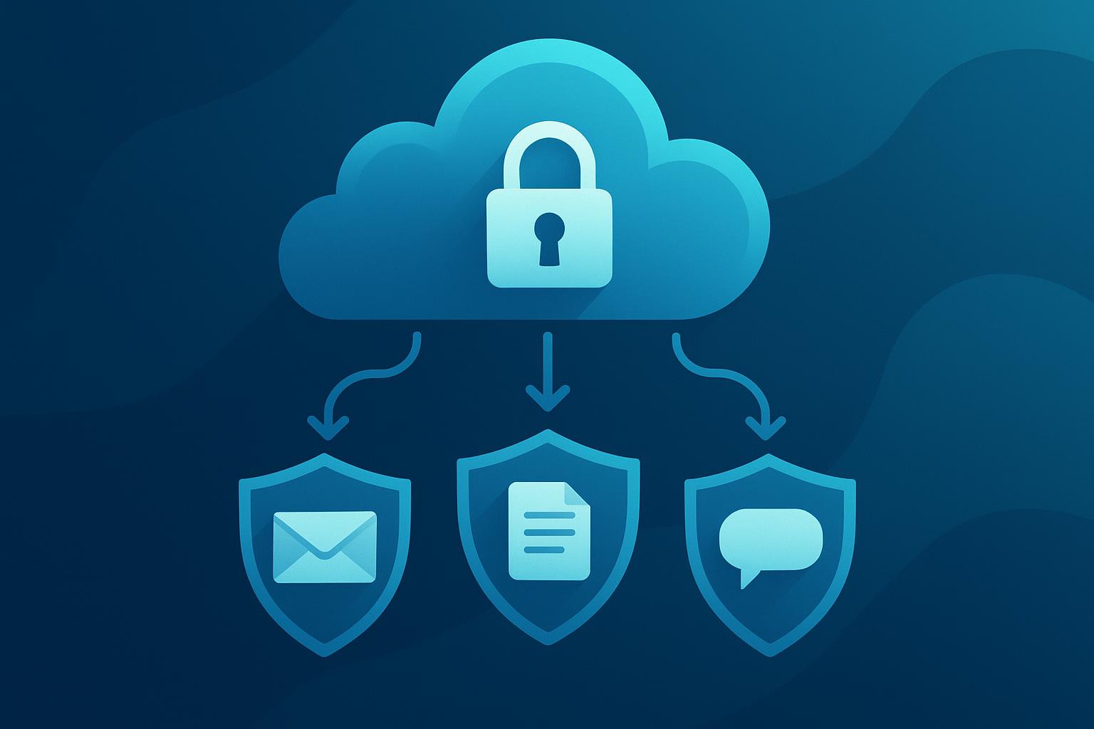 Cloud security icon with padlock connected to three shields protecting email, documents, and messaging
