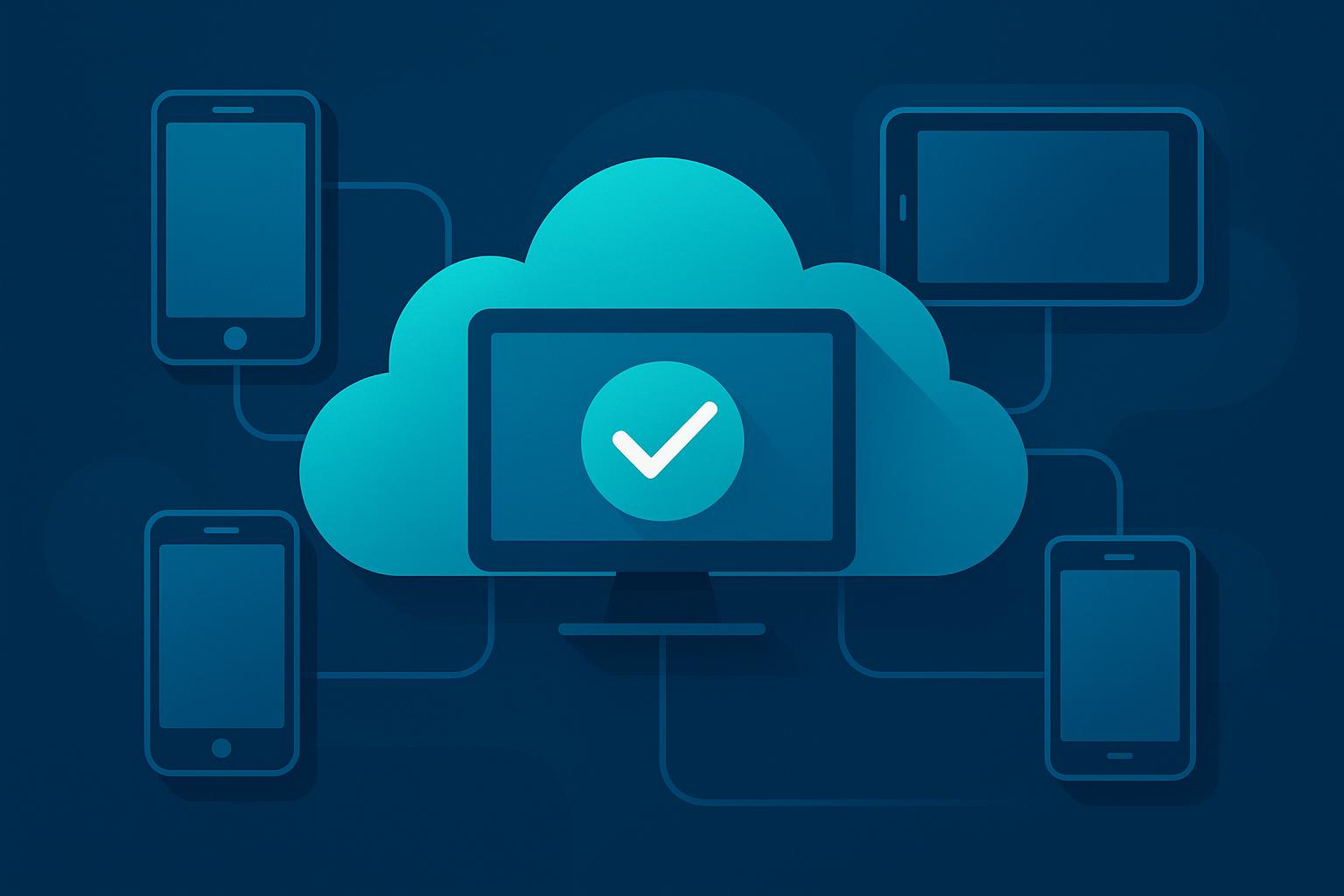 Cloud computing diagram showing a verified checkmark on a monitor connected to multiple mobile devices and tablets