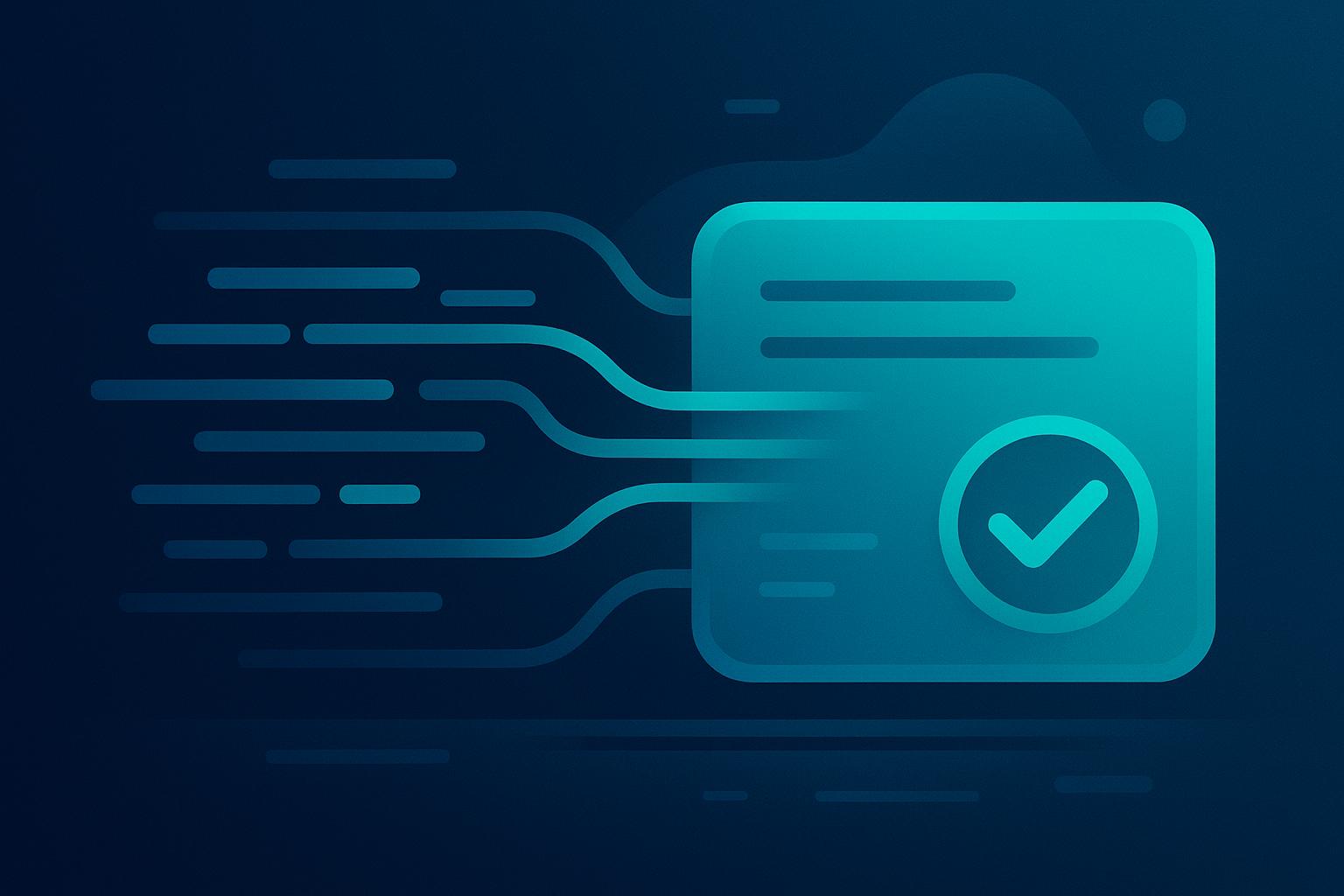 Digital document with checkmark icon and flowing data streams on dark blue background, representing fast data verification