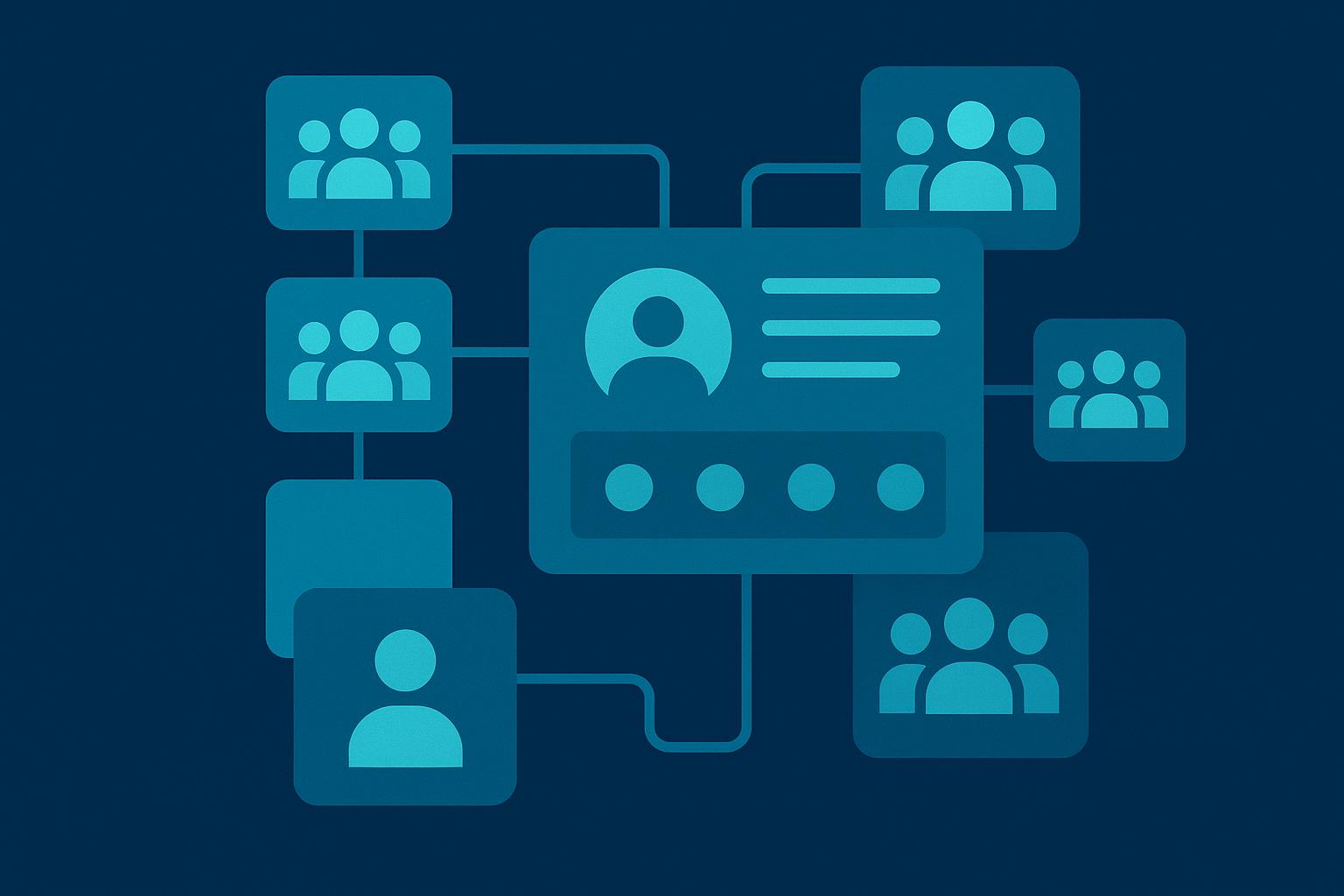 Digital illustration showing a central user profile card connected to multiple user group icons in a network diagram