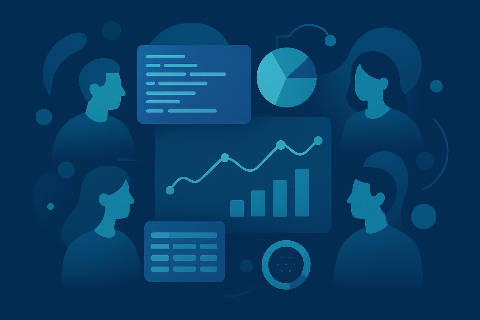 Four people analyzing data dashboards featuring bar charts, line graphs, and pie charts on a dark blue background.