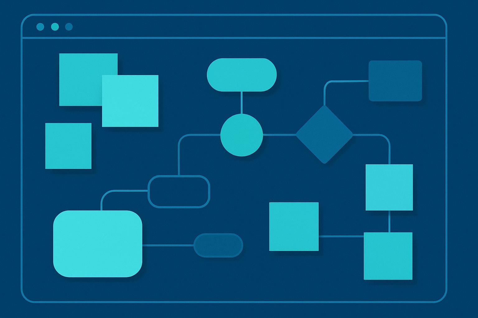 Blue flowchart diagram with connected shapes including rectangles, circles, and diamonds on a dark blue background