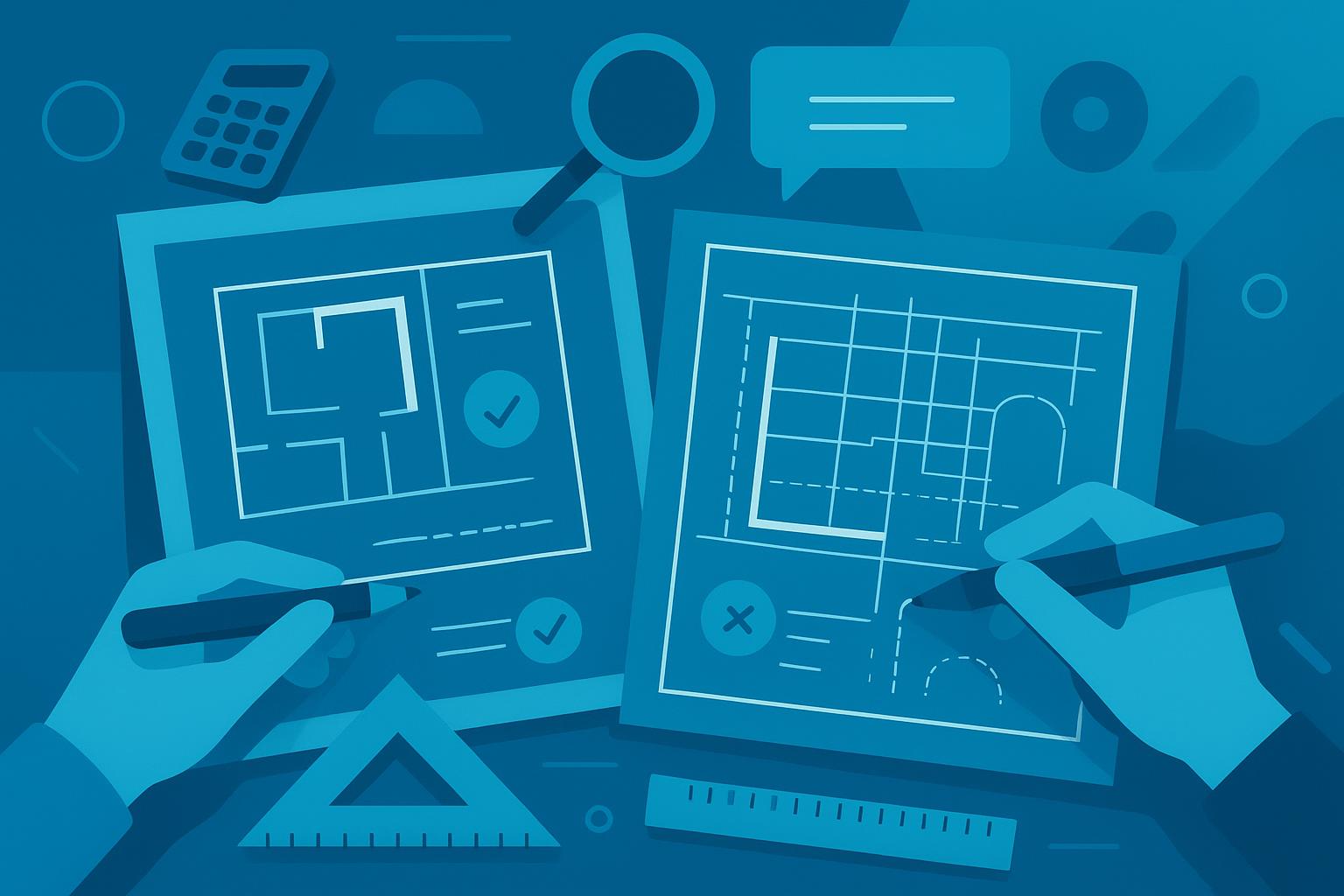 Two hands reviewing and drawing architectural blueprints on a blue background with drafting tools nearby.