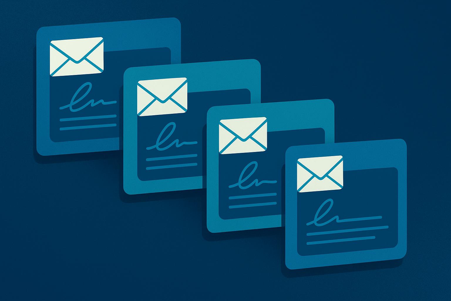 Four blue email signature template cards arranged in a diagonal cascade on a dark blue background