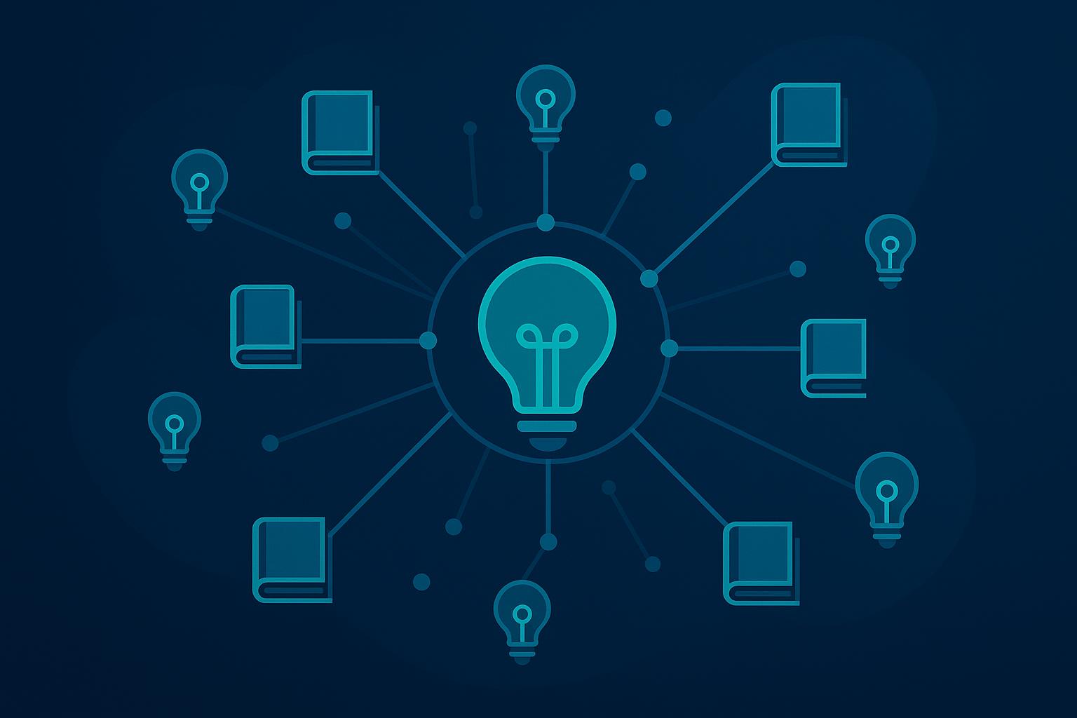 Glowing lightbulb icon connected to books and ideas in a dark blue network diagram representing knowledge and innovation.