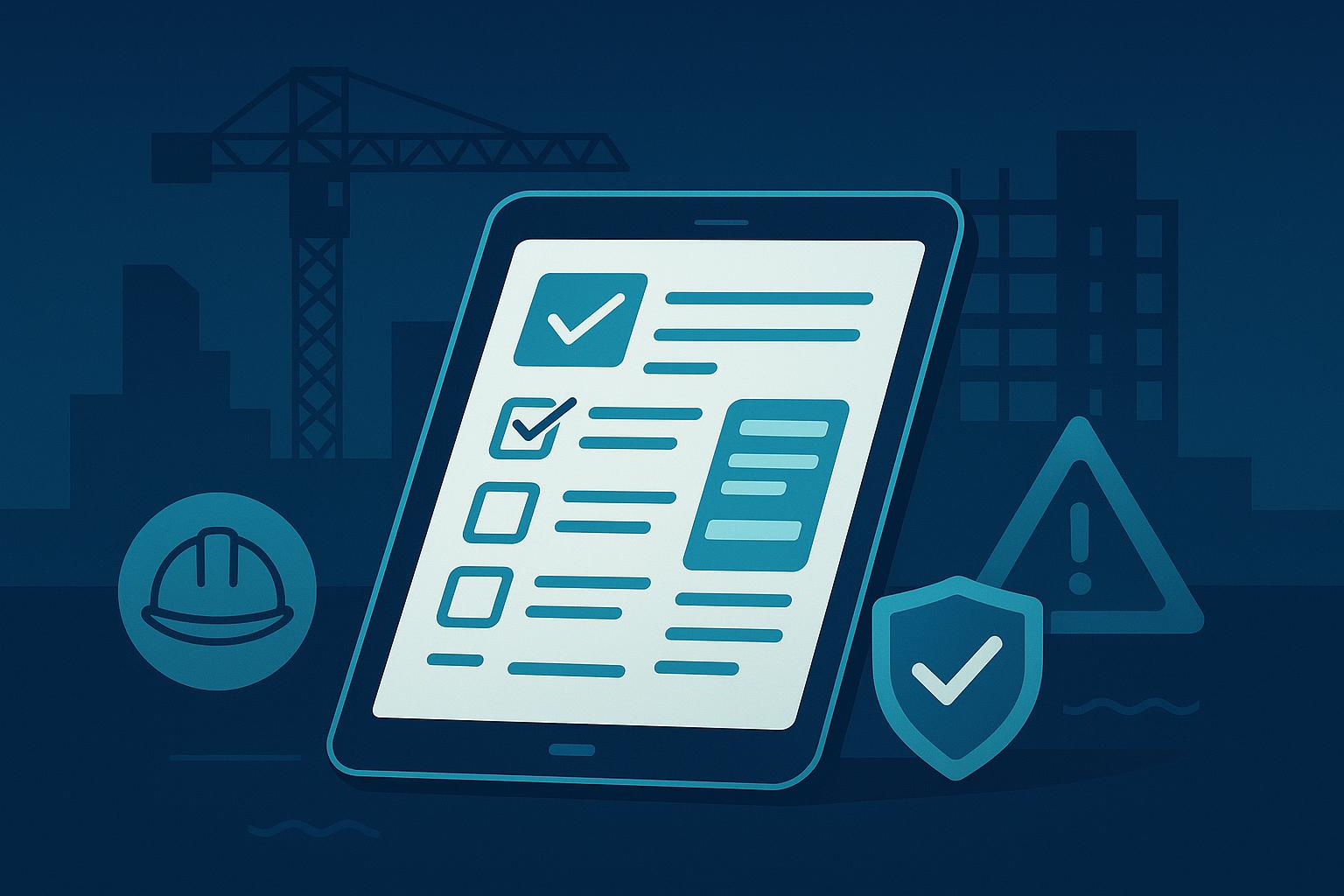 Digital tablet showing a safety inspection checklist at a construction site, with safety helmet, shield, and warning icons.