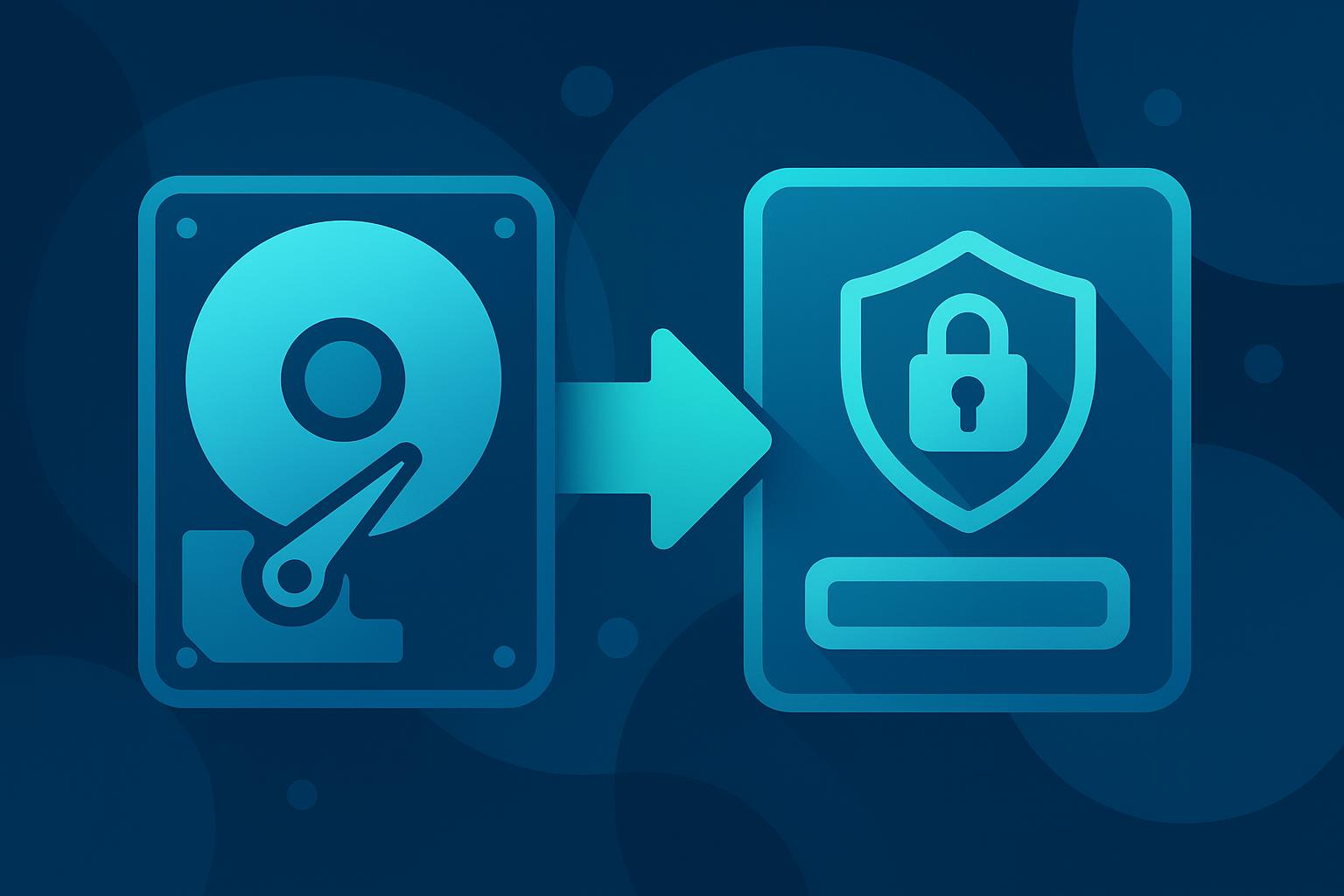 Hard drive with arrow pointing to a secure encrypted drive icon, representing data security and encryption solutions.
