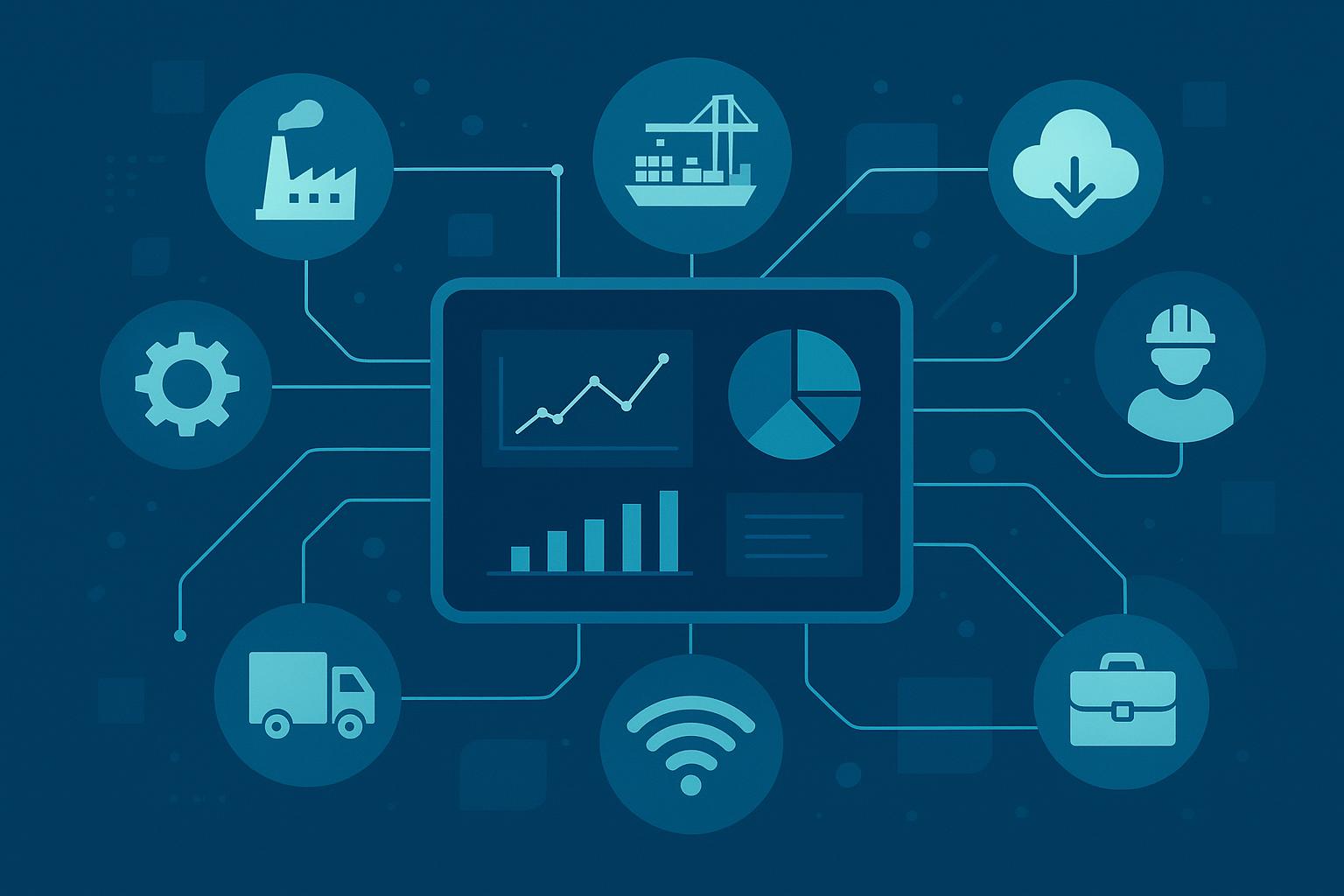 Digital dashboard displaying analytics charts connected to icons representing manufacturing, shipping, cloud, logistics, WiFi, and workforce.