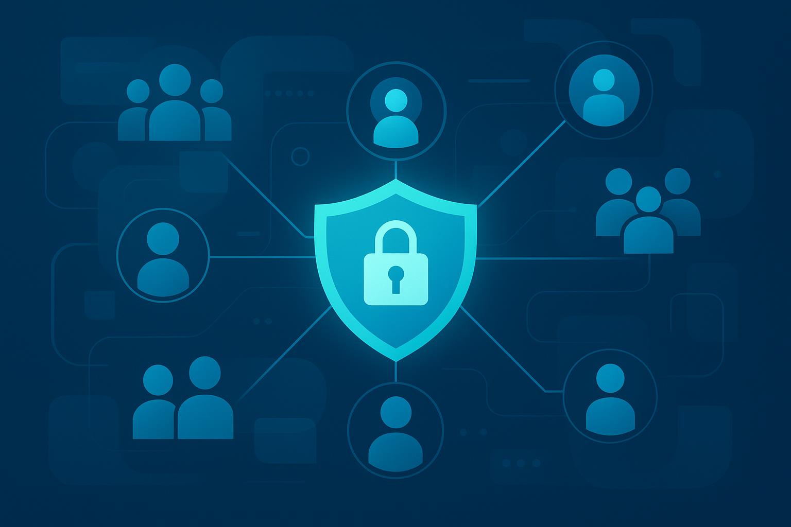 Shield with padlock icon connected to multiple user profile icons on dark blue background, representing network security protection.