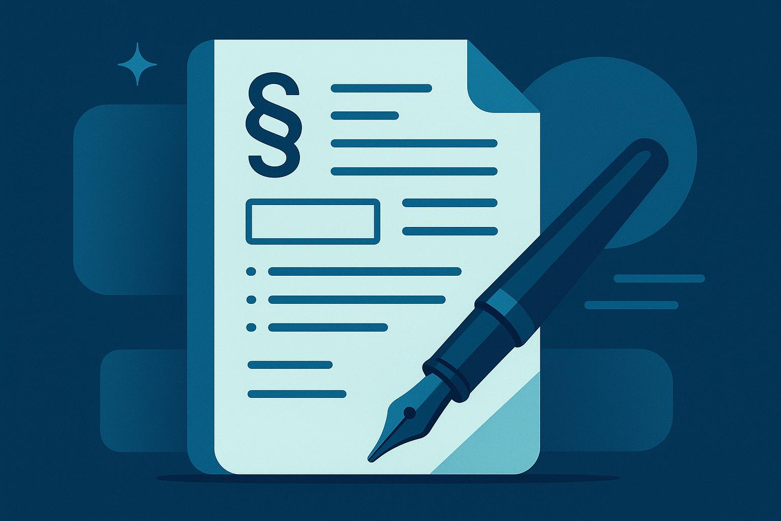 Legal document with paragraph symbol and fountain pen on blue background, representing contracts and legal services.