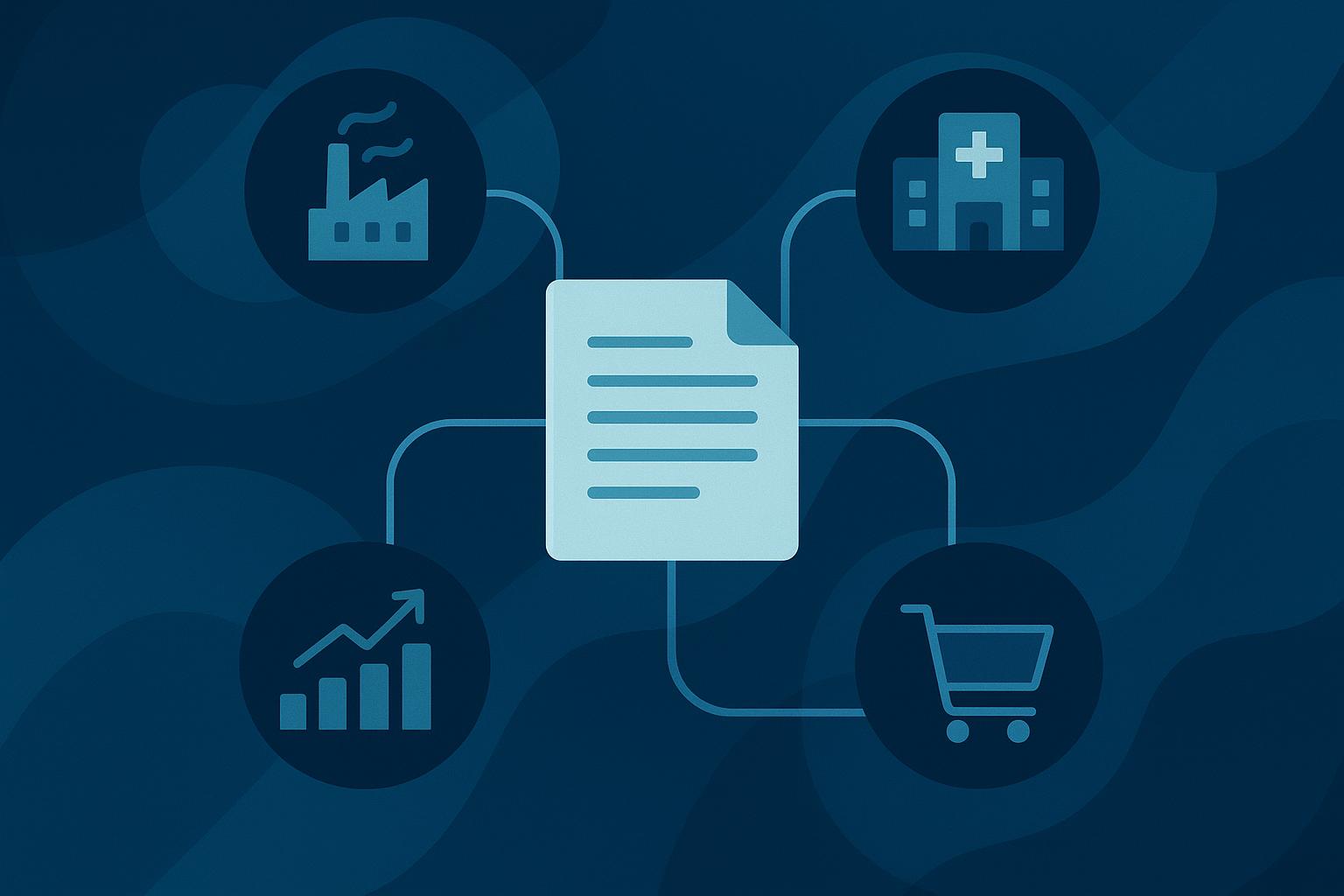 Document connected to four industry icons: manufacturing, healthcare, retail, and finance, representing multi-industry document solutions.