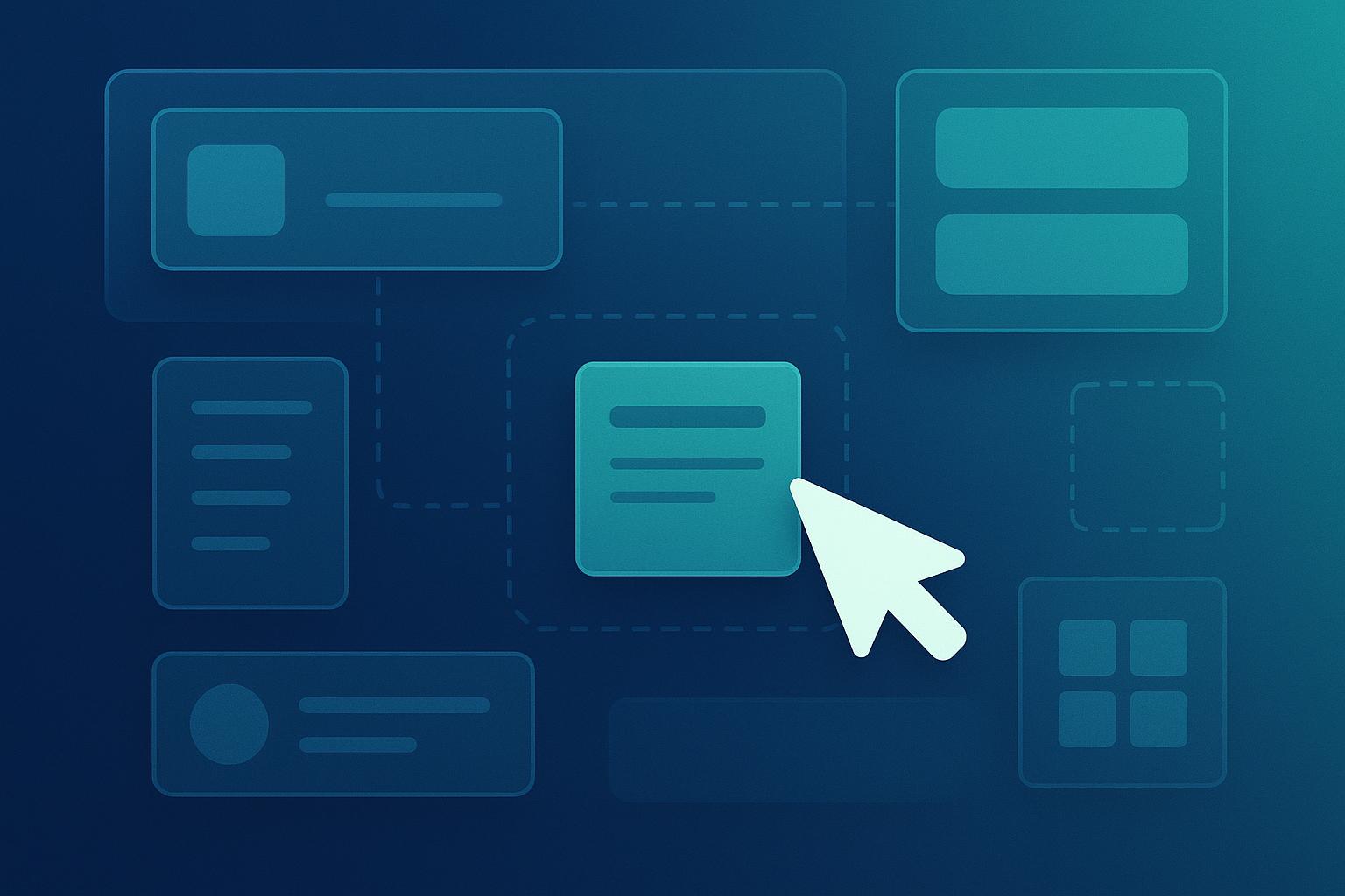 Abstract UI wireframe components on dark blue background with cursor selecting a teal card element