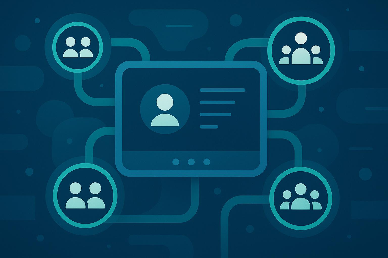 Digital illustration showing a user profile card connected to four group icons, representing network identity management.