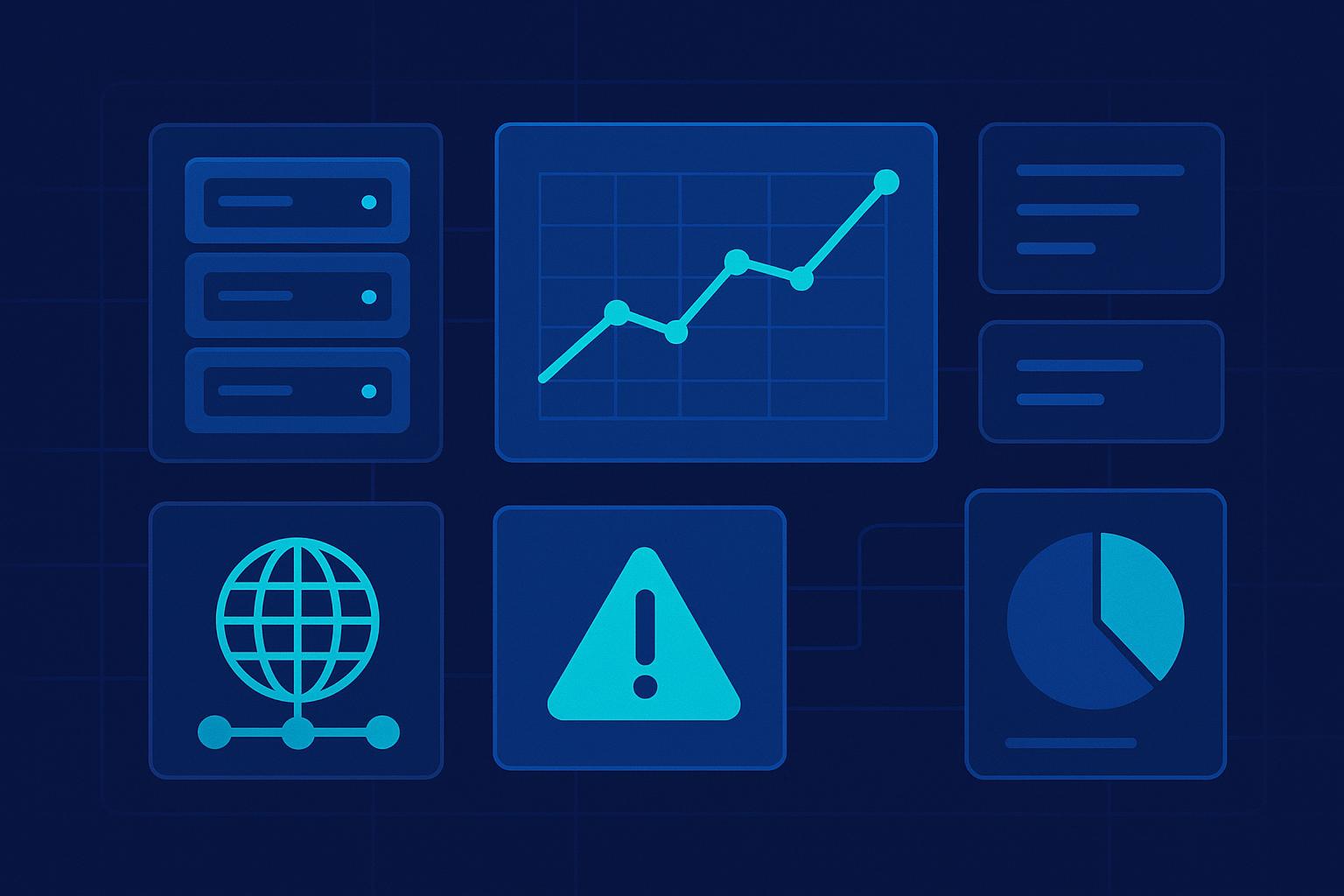 Blue tech dashboard icons: server rack, line graph, globe network, warning alert, pie chart, and text panels