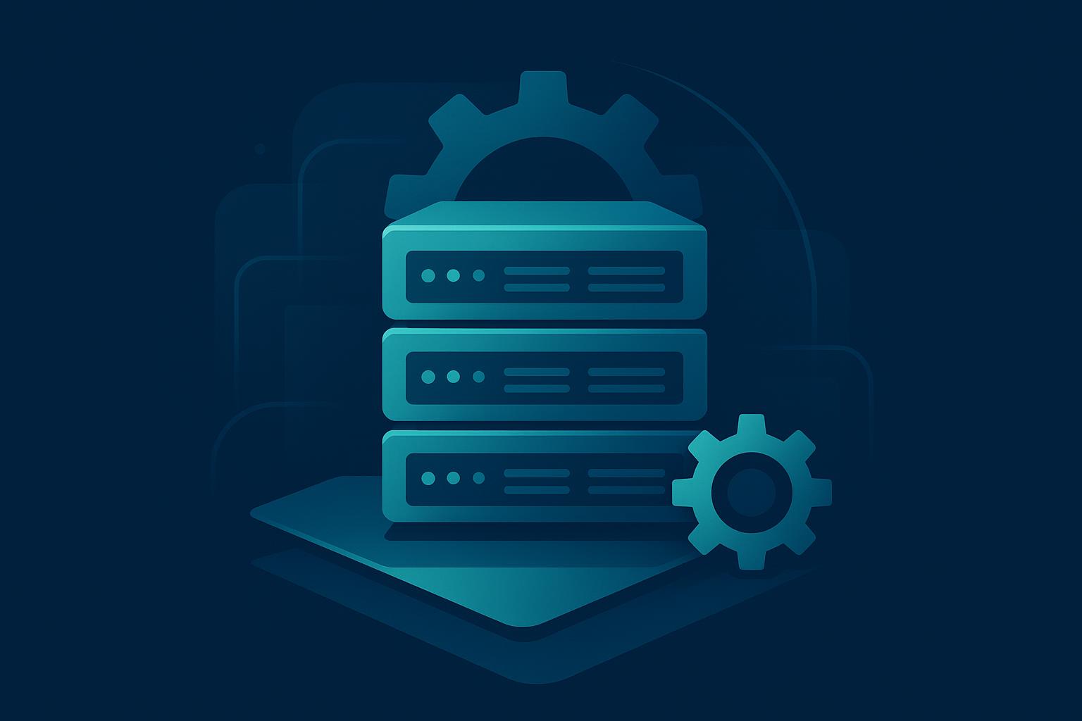 Cloud server infrastructure with gear icons representing managed hosting and configuration services on dark blue background