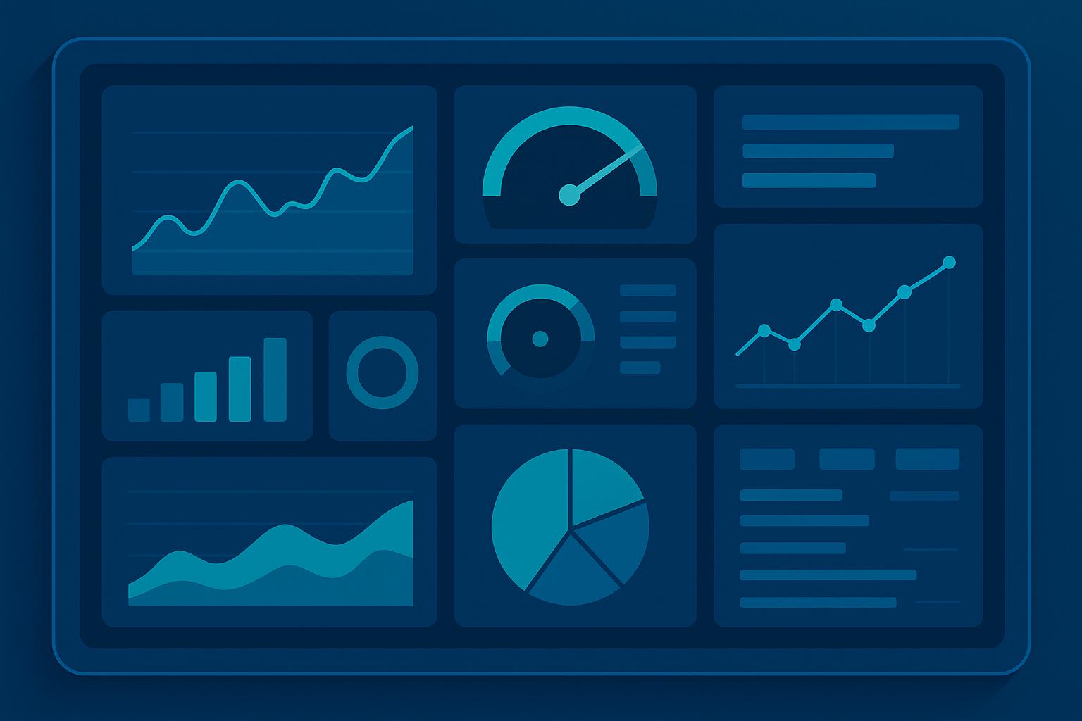 Dark blue analytics dashboard displaying line charts, bar graphs, pie chart, gauge meter, and data tables.