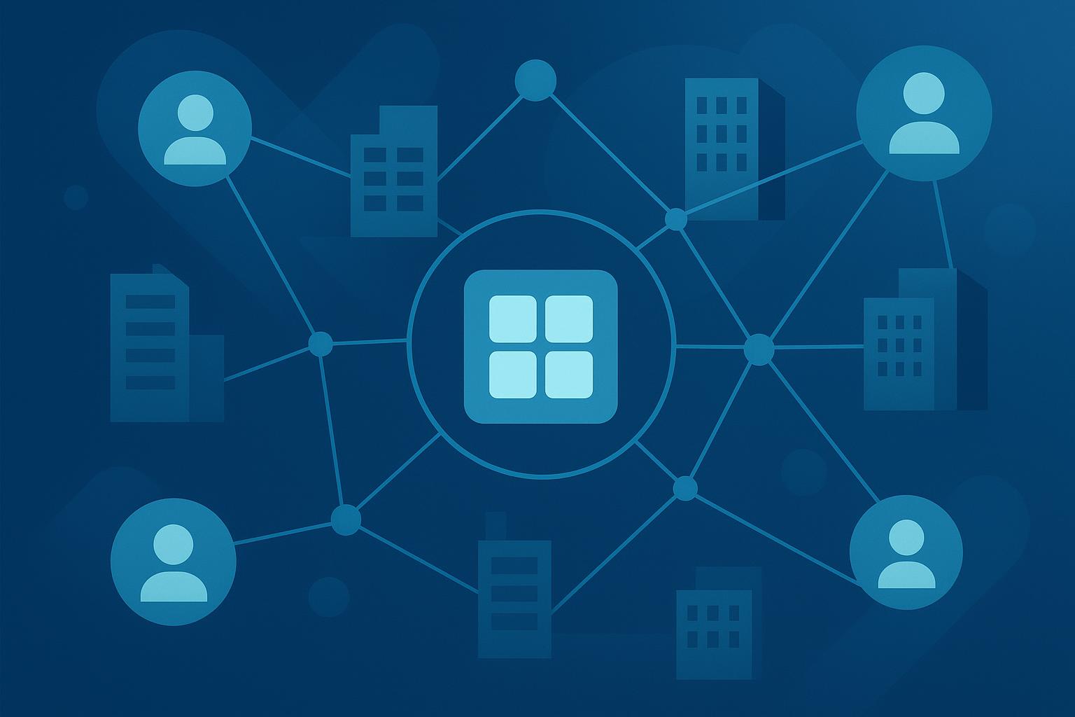 Network diagram showing a central app hub connected to users and buildings, representing enterprise software integration