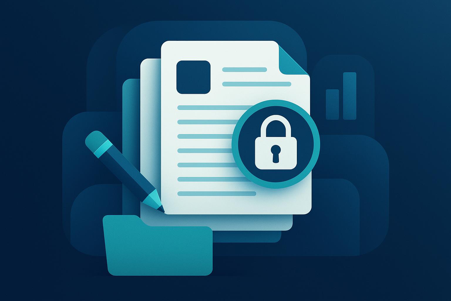 Secure document management icon with locked file, folder, pencil, and analytics symbols on dark blue background