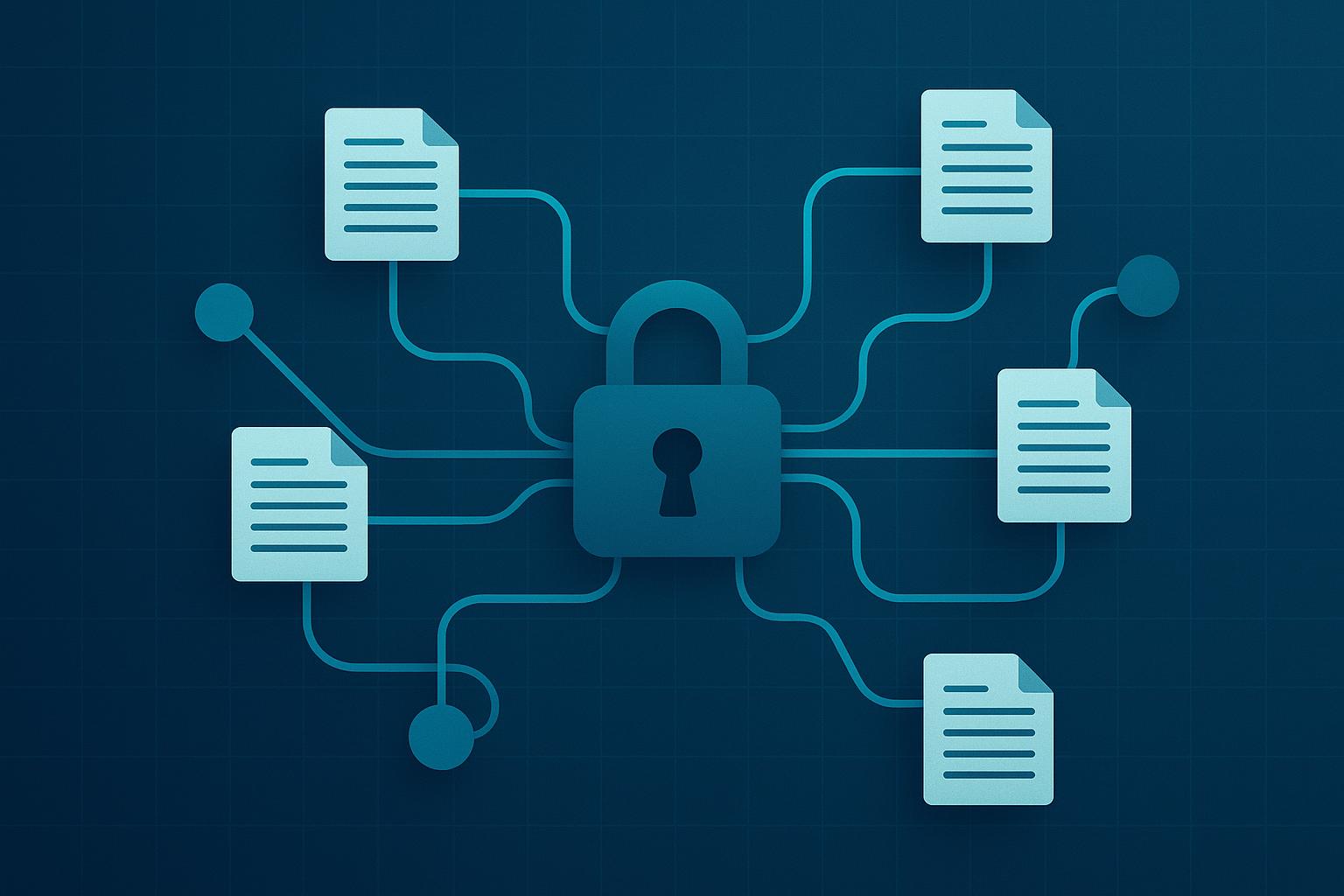 Padlock icon connected to multiple documents via network lines, representing secure document management and data protection.
