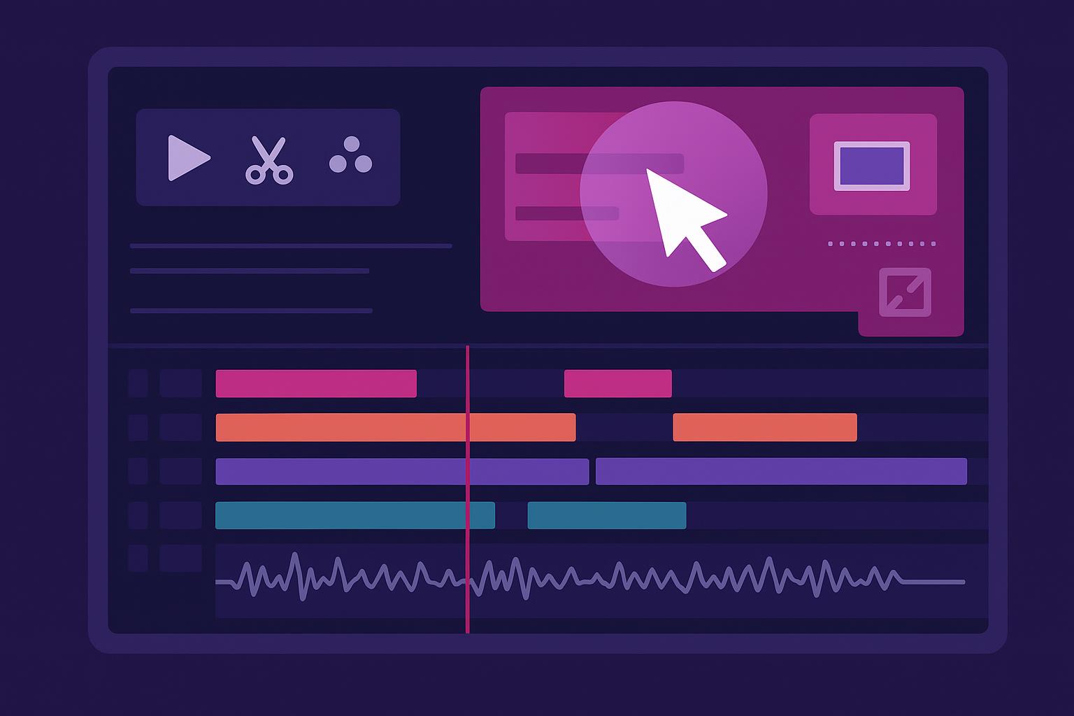 Video editing software interface showing timeline tracks, waveform, playback controls, and cursor on dark purple background.