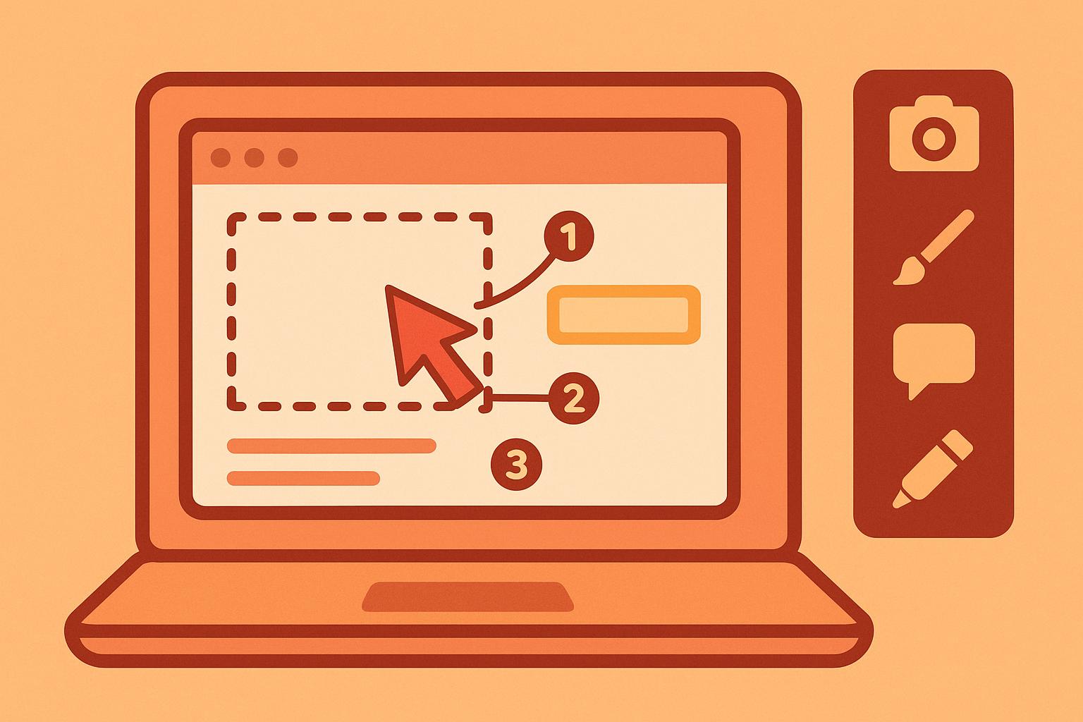 Illustration of a laptop screen showing annotated UI elements with numbered callouts and a toolbar with design icons.