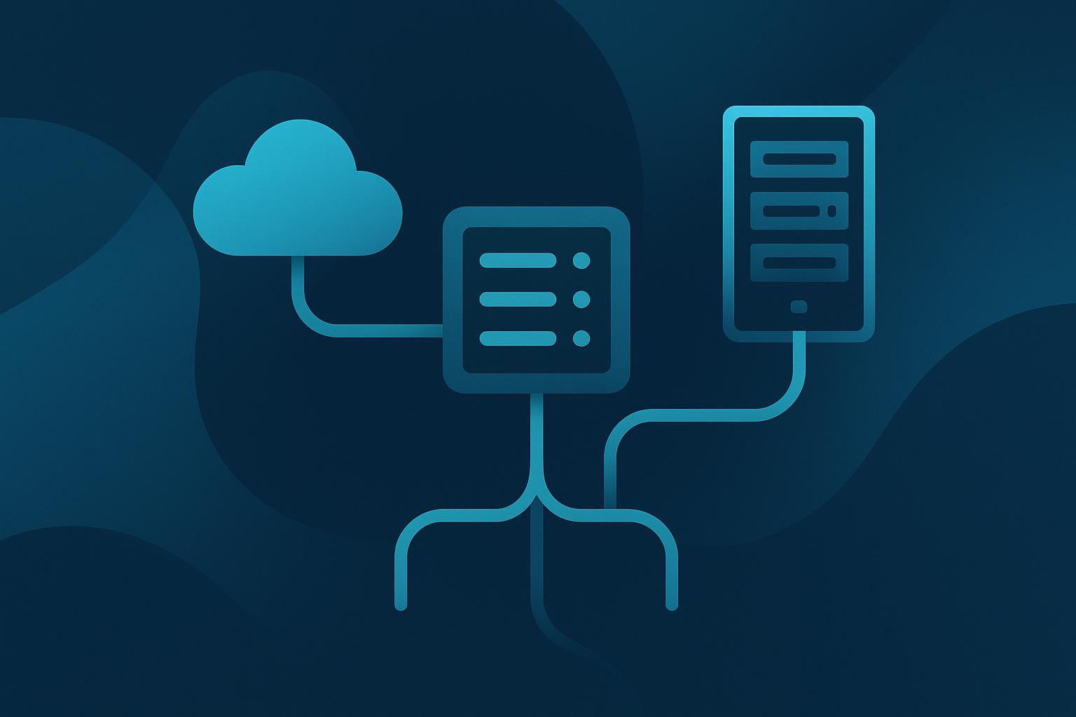 Diagram showing cloud storage, database, and server icons connected by network lines on dark blue background