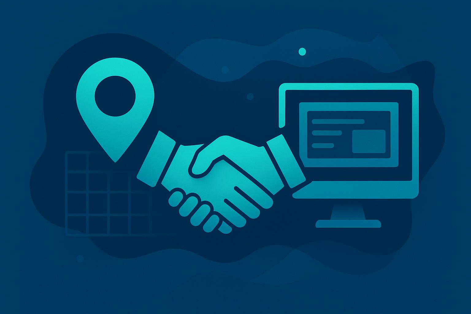 Two hands shaking over icons of a location pin and computer monitor, symbolizing local digital business partnerships.