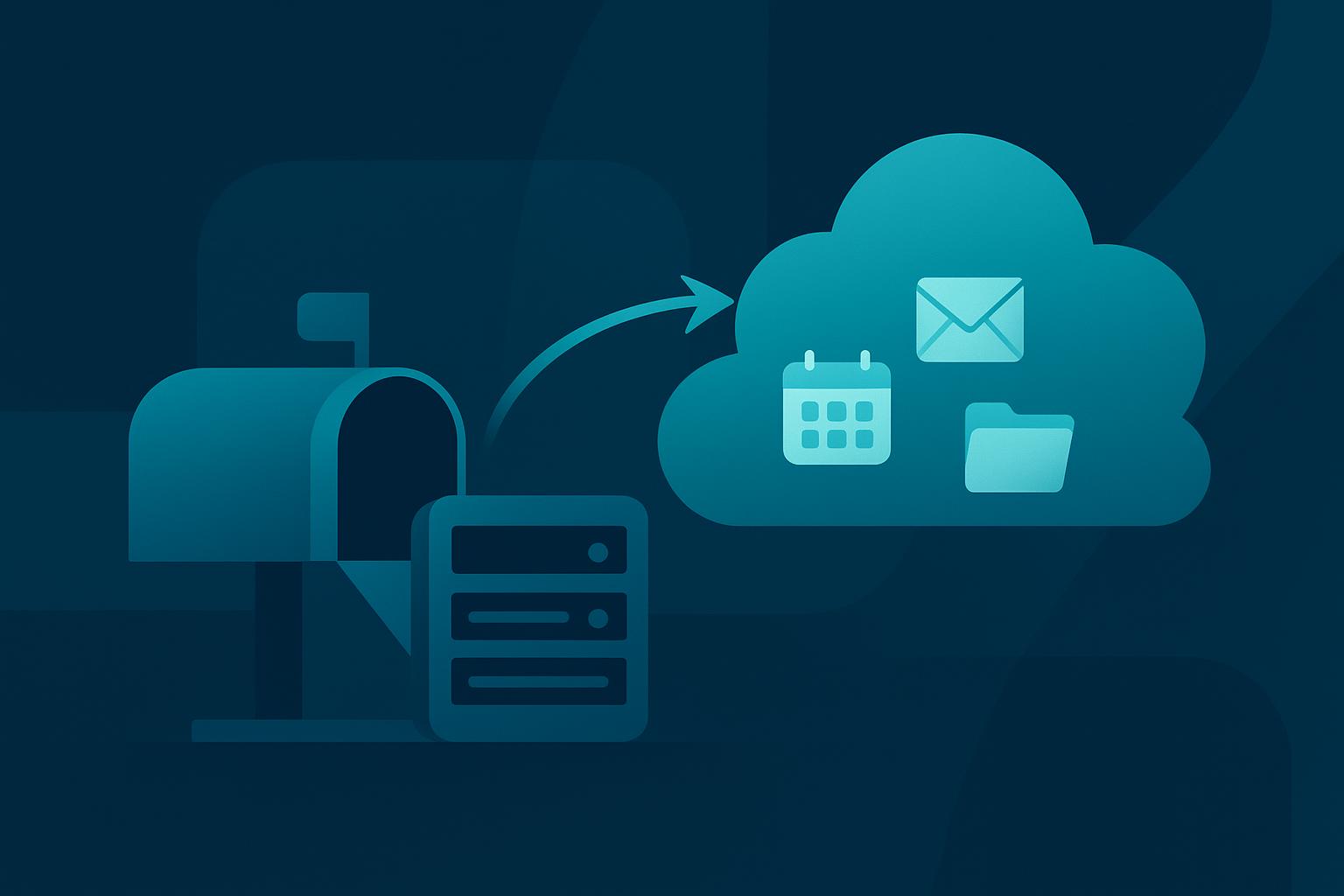 Illustration of email and data migrating from an on-premises mail server to cloud storage with calendar and folder icons