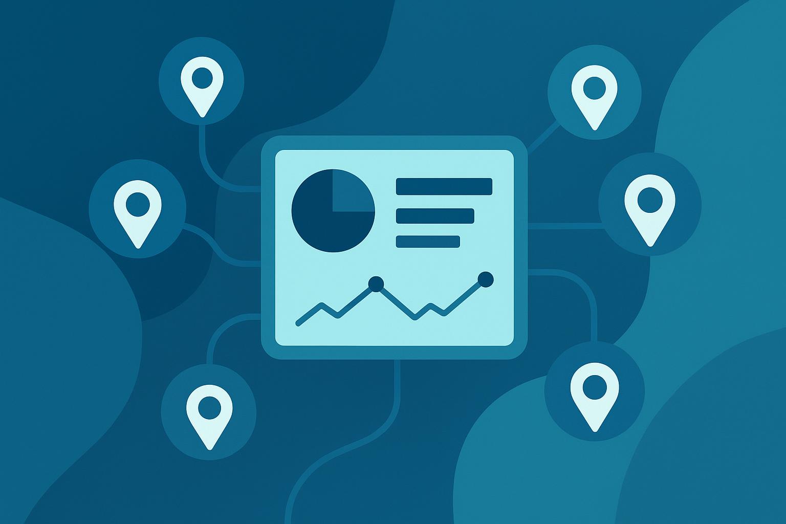 Data analytics dashboard icon connected to multiple location pins on a blue abstract background