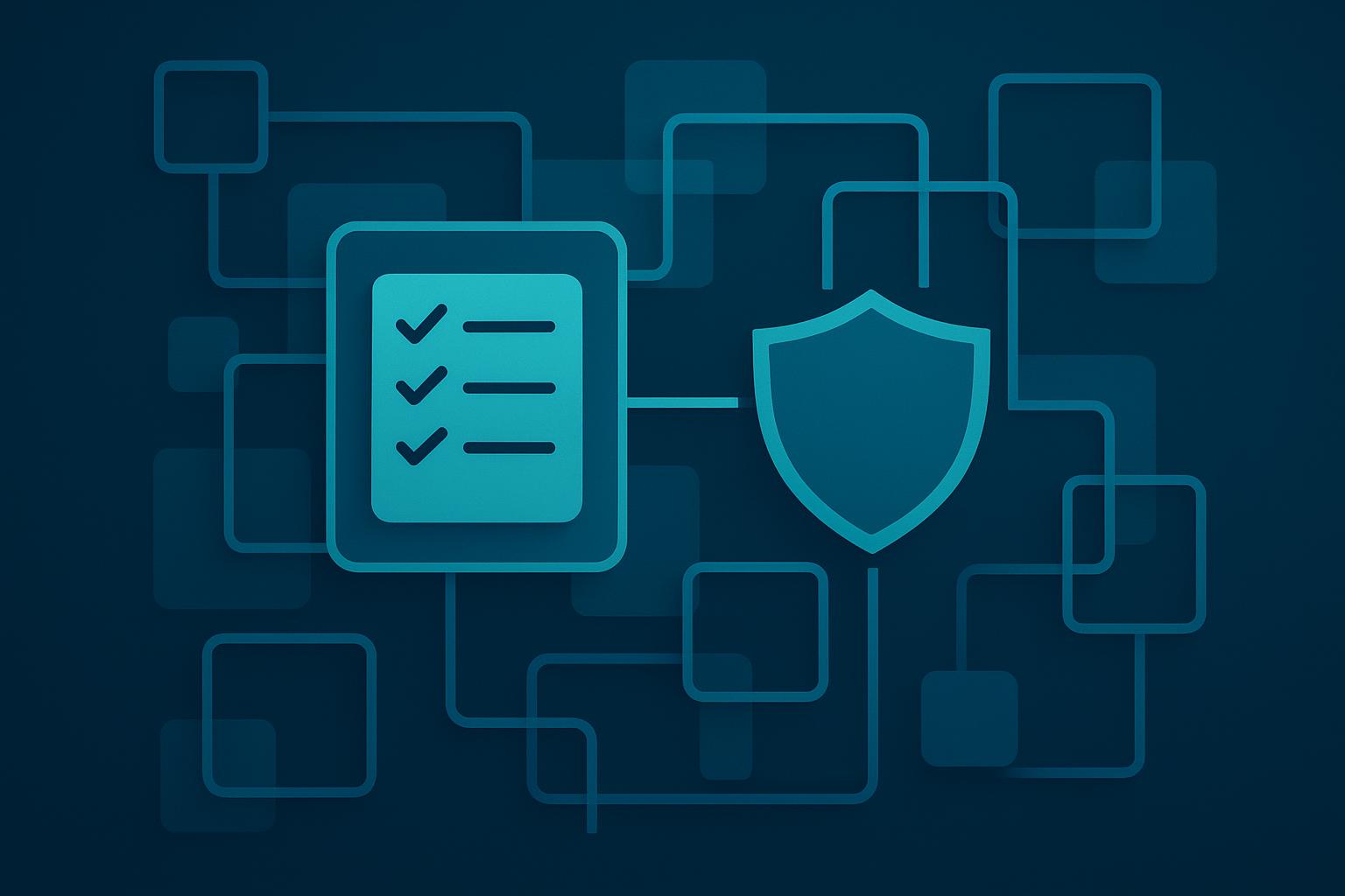Cybersecurity compliance checklist connected to a shield icon in a blockchain network on dark blue background
