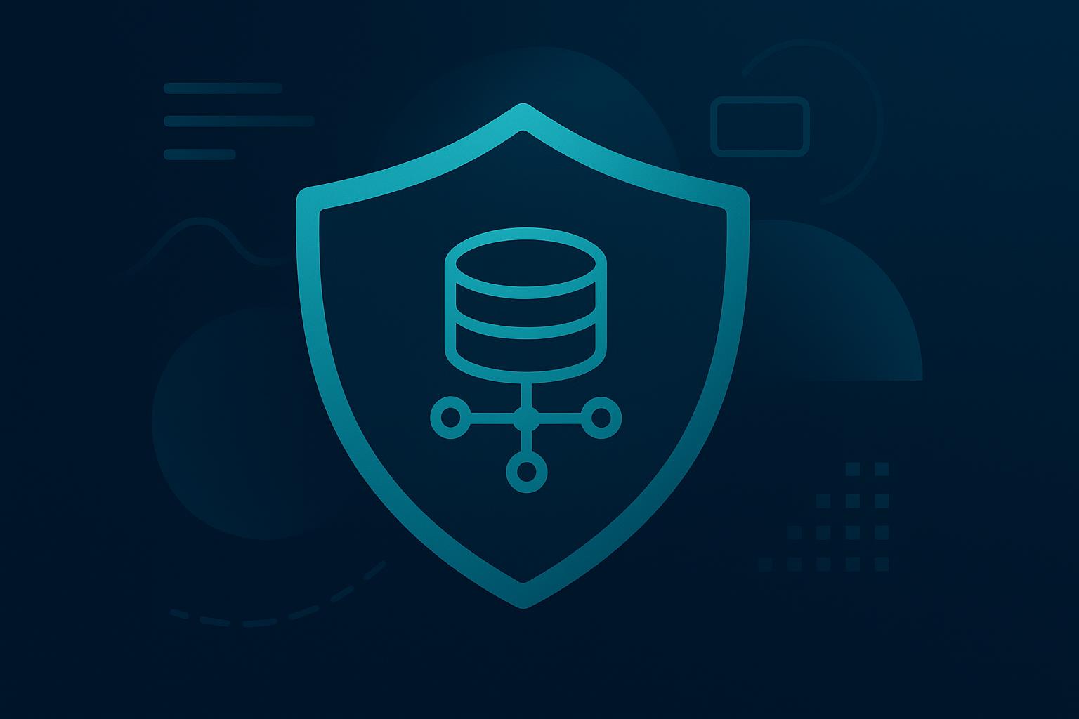 Shield icon containing a database with network connections on dark blue background representing data security