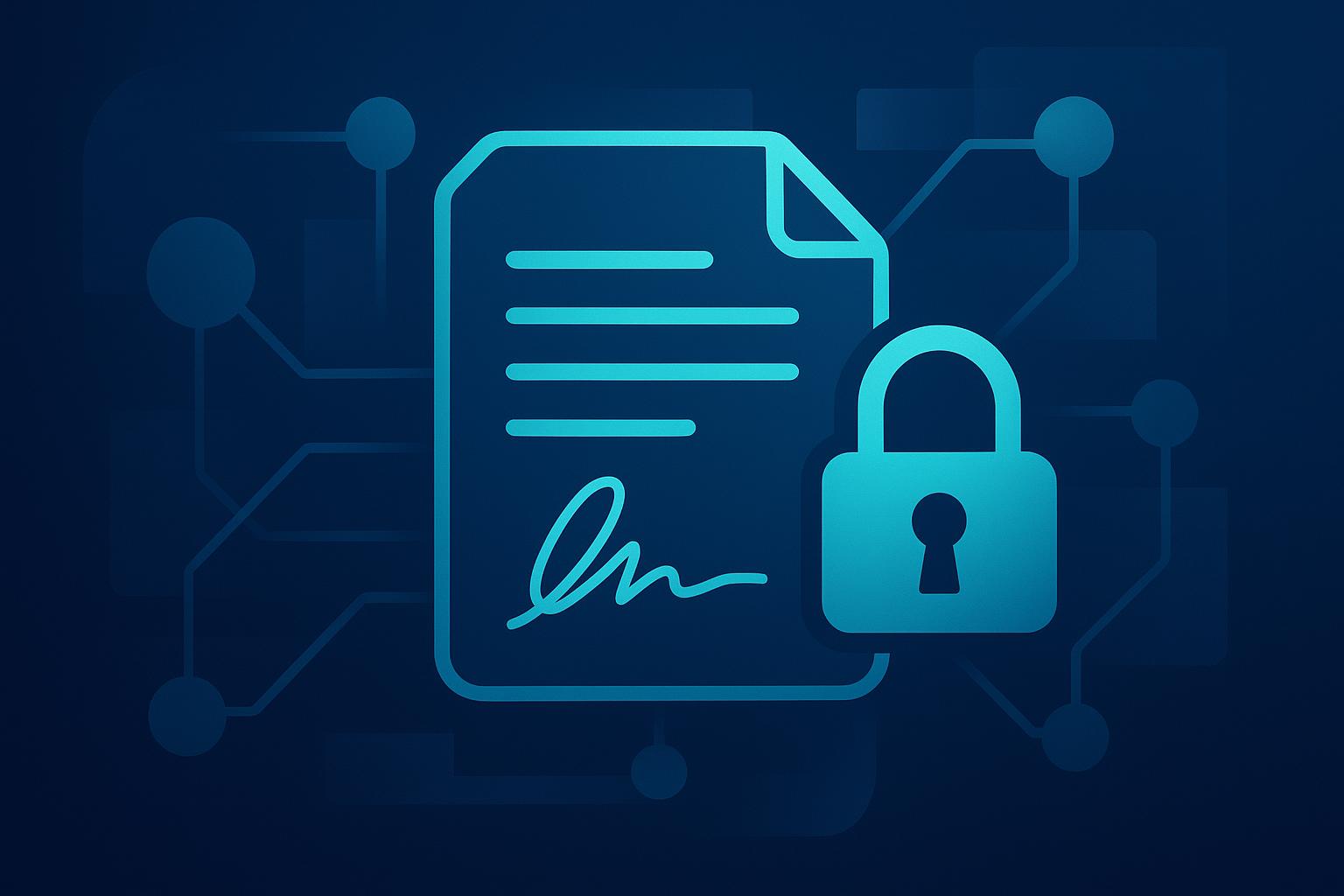 Glowing cyan digital document with signature and padlock icon on dark blue blockchain network background