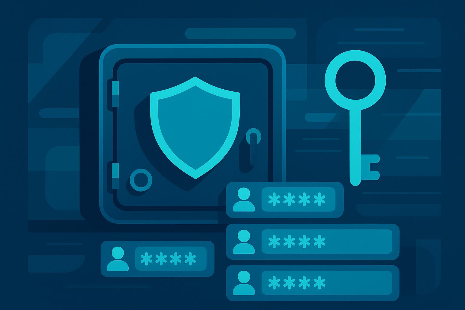 Digital security illustration showing a vault with shield icon, encryption key, and password entry fields on blue background