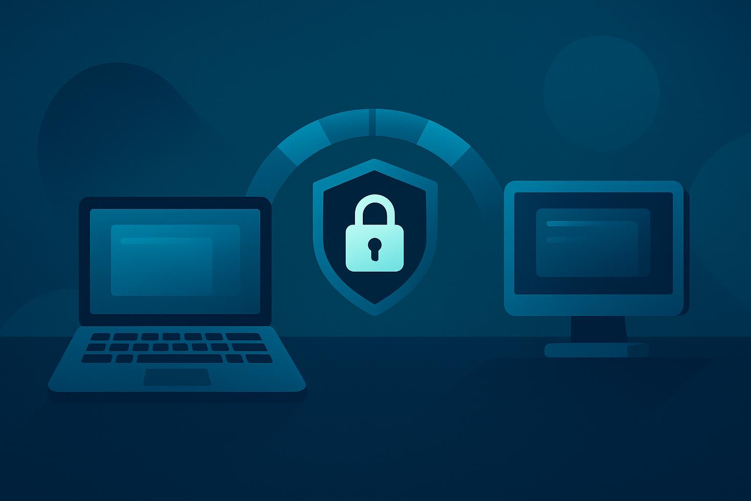 Secure network connection between laptop and desktop computer, protected by a cybersecurity shield with padlock icon