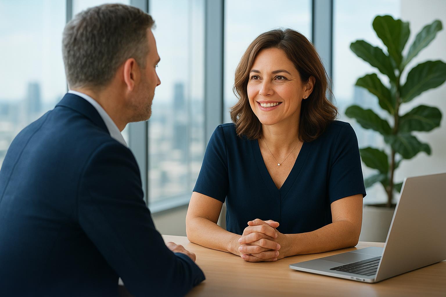 Two business professionals having a meeting at an office table with a laptop and city skyline view.