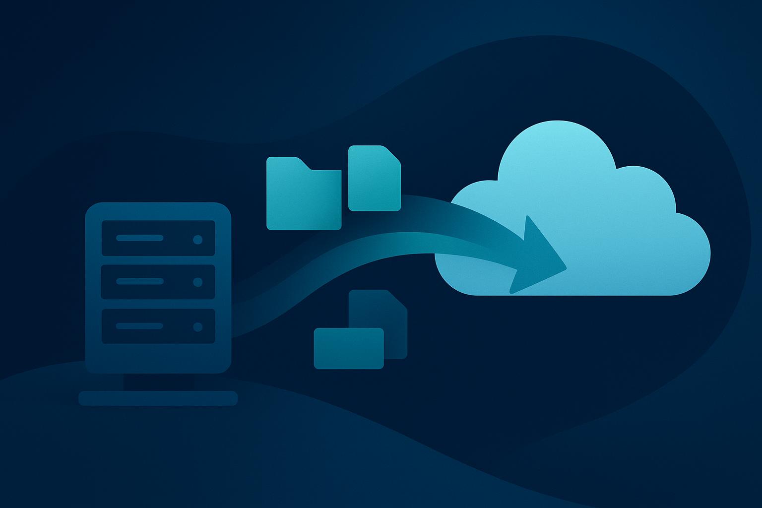 Data migration from on-premise server to cloud storage, illustrated with folders and files transferring to a cloud icon.