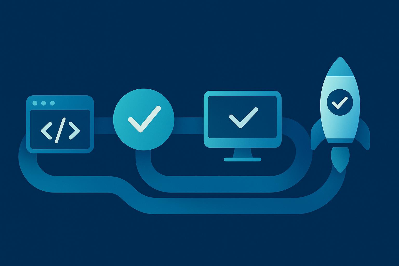 CI/CD pipeline illustration showing code, testing, review, and deployment stages connected by a flowing path with a rocket launch