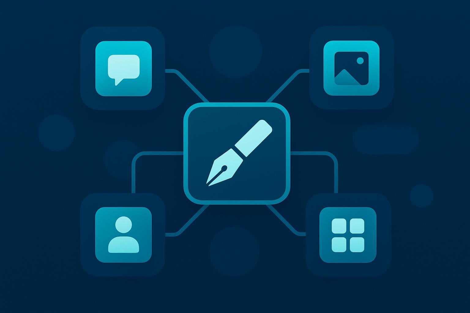 Diagram showing a pen nib icon connected to messaging, image, user profile, and grid icons on dark blue background.
