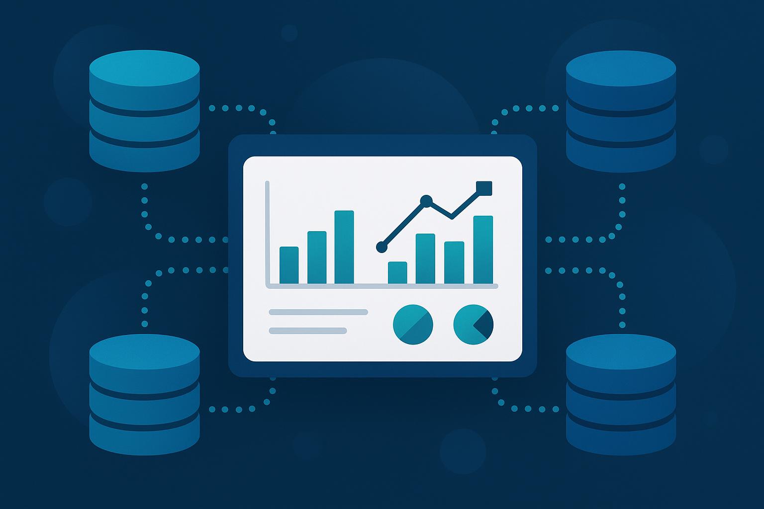 Data analytics dashboard connected to multiple databases, showing bar charts, line graph, and pie charts on dark blue background